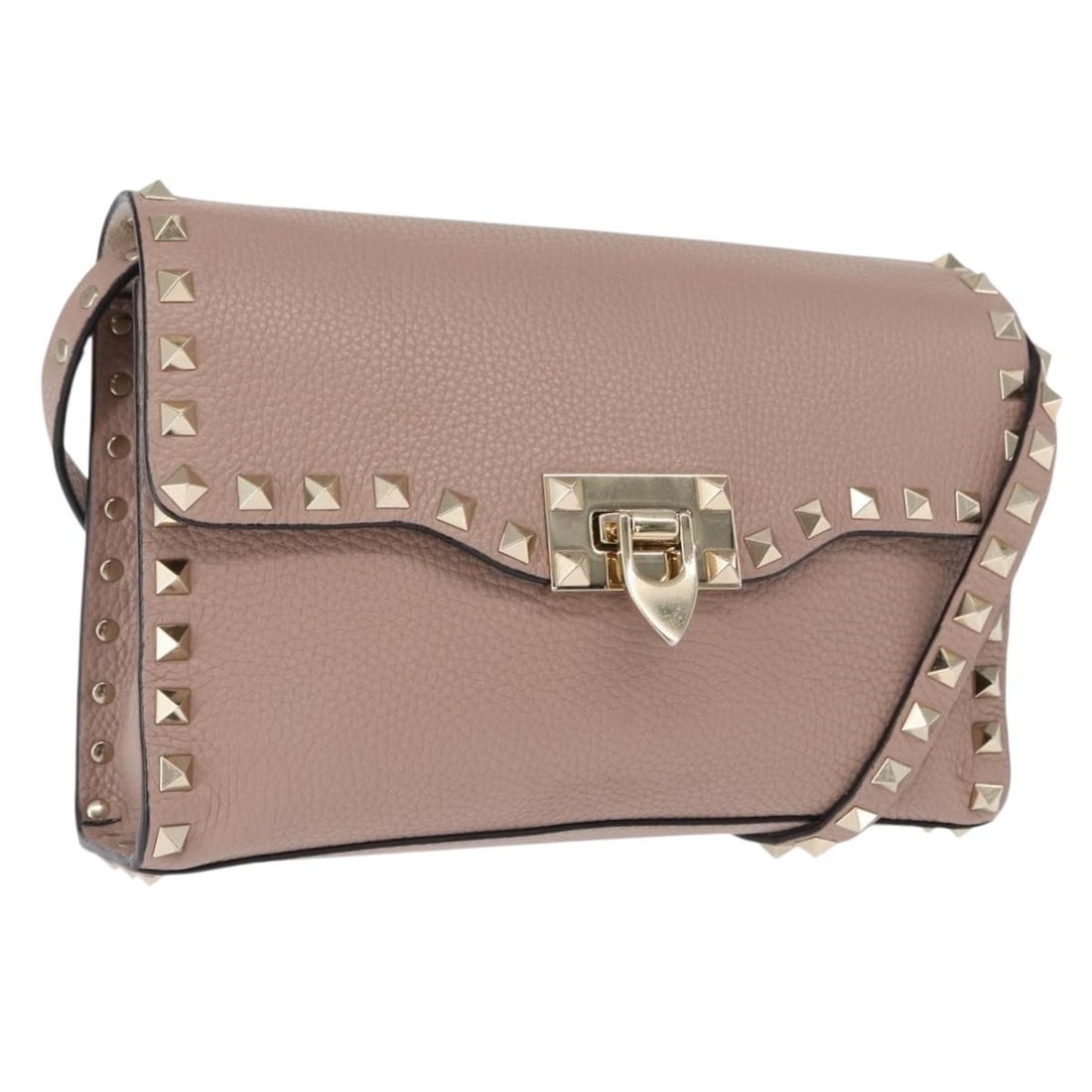 Valentino Rockstud Pink Leather Shoulder Bag with Gold Tone Accents: Valentino Rockstud Pink Leather Shoulder Bag with Gold Tone Accents This is a Valentino Rock Studs shoulder bag crafted from pink leather with gold-tone accents. The bag features a structured silhouet