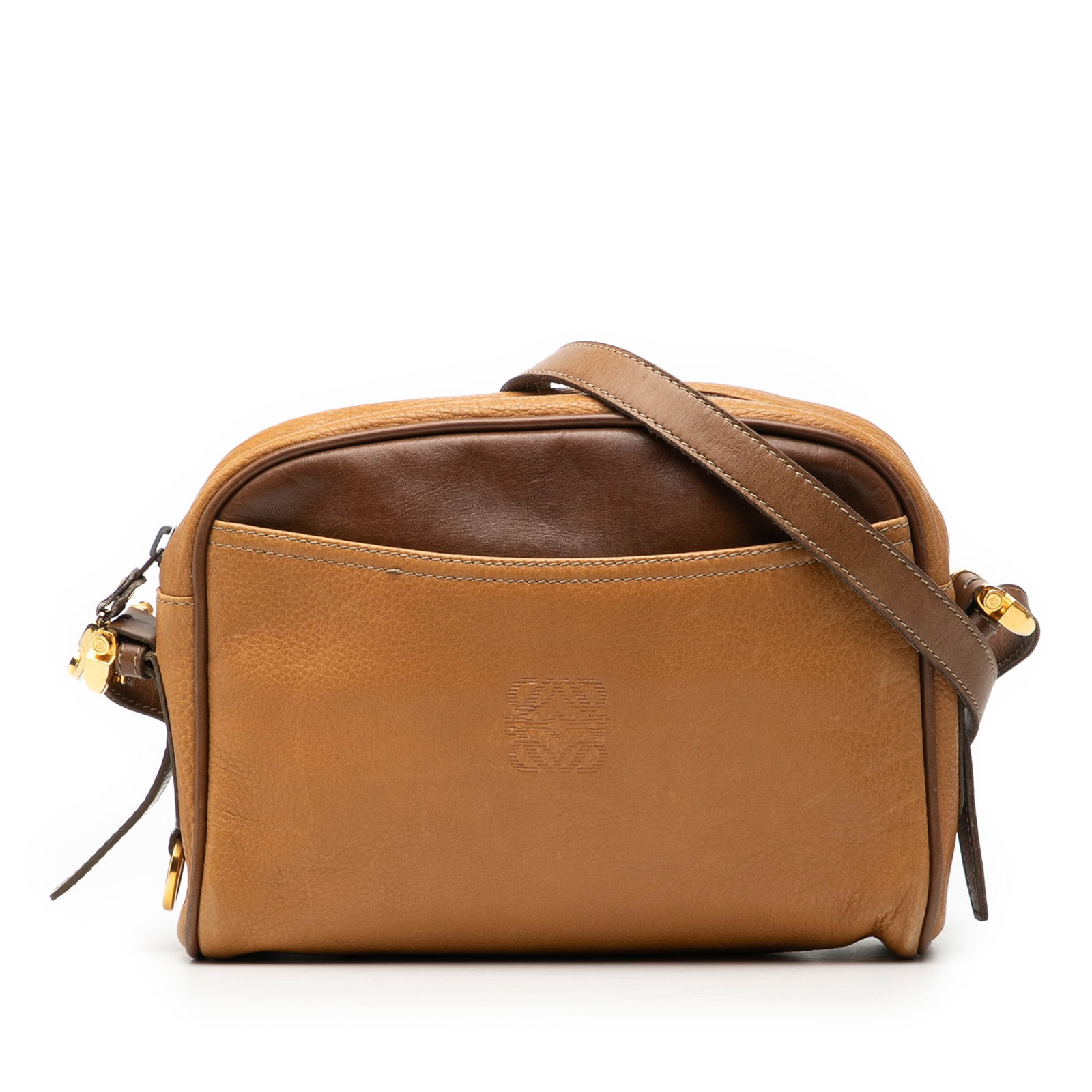 Brown Leather Anagram Crossbody Bag by Loewe: Brown Leather Anagram Crossbody Bag by Loewe This LOEWE Anagram crossbody bag features a brown leather body with a flat leather strap, a top zip closure, an exterior front slip pocket, and an interior