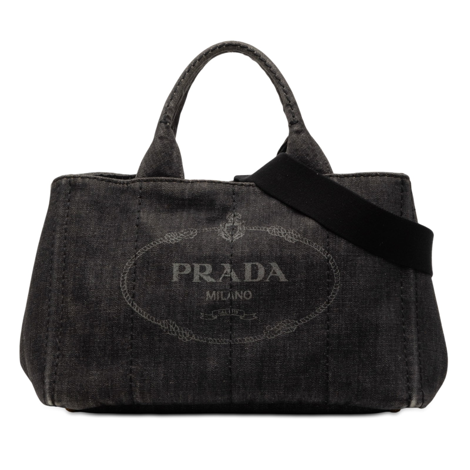 Prada Canapa Denim Logo Satchel with Adjustable Strap: Prada Canapa Denim Logo Satchel with Adjustable Strap This Prada Small Denim Canapa Logo Satchel features a gray denim fabric body with rolled handles, a detachable and adjustable flat strap, an open 