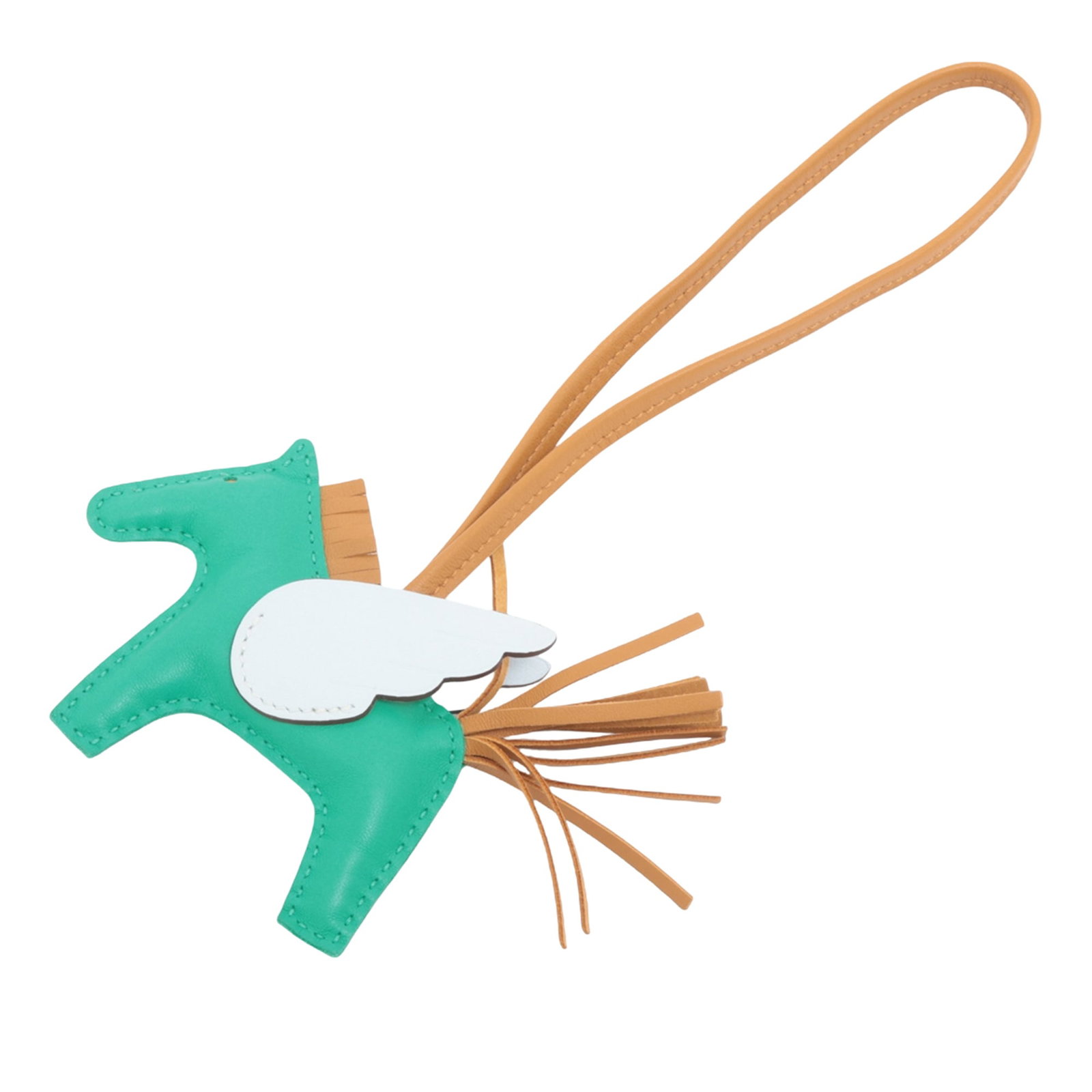 Hermes Rodeo Pegase PM Leather Bag Charm Green: Hermes Rodeo Pegase PM Leather Bag Charm Green This Hermes Grigri Rodeo Pegase PM bag charm is crafted from Milo lambskin and Swift leather in a green color. It features a flat leather loop strap, mak