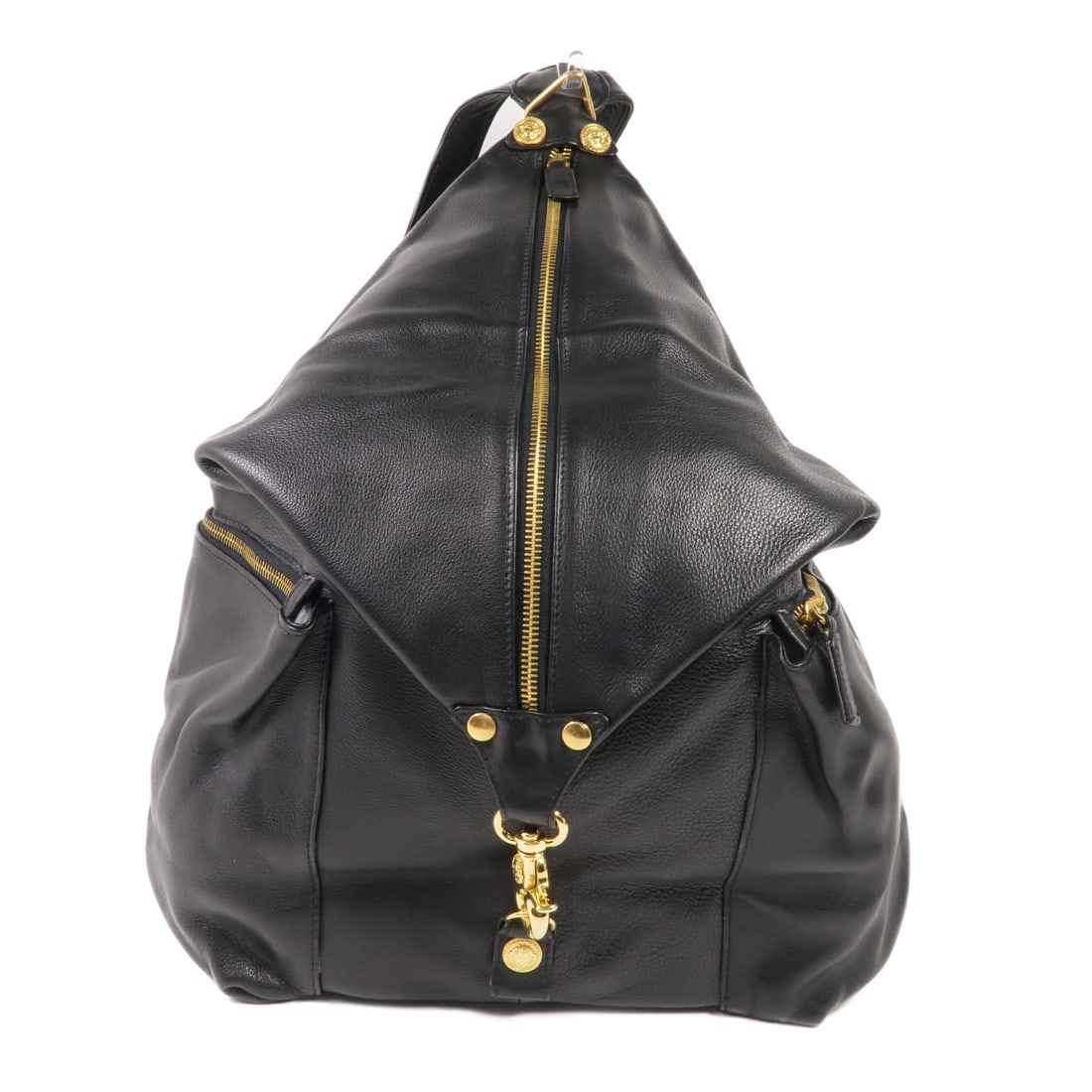 Versace black calfskin rucksack backpack GHW: Versace black calfskin rucksack backpack GHW This Versace rucksack backpack is crafted from luxurious black calfskin leather and features a sleek, structured silhouette. Designed for women, the backpa