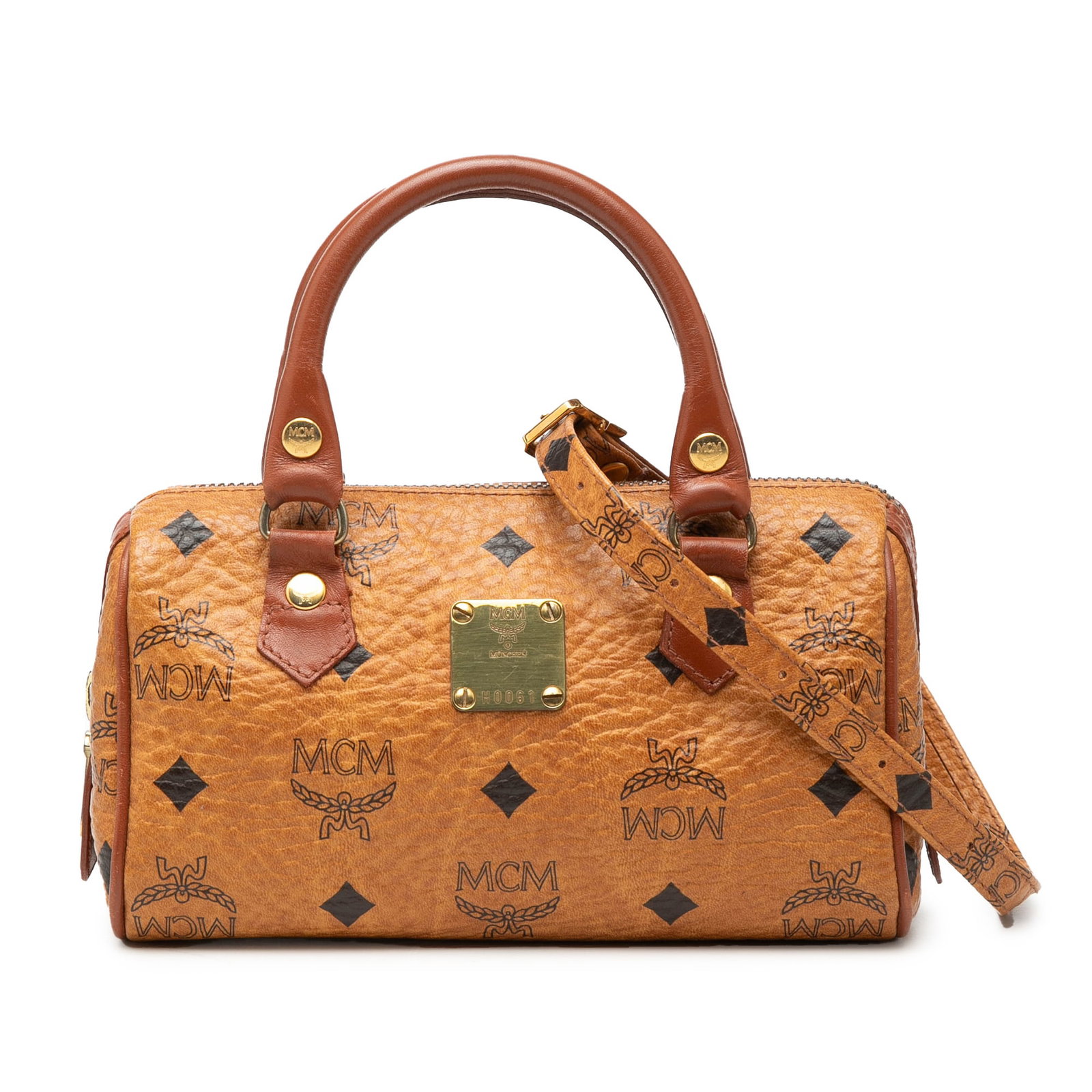 MCM brown coated canvas mini Boston satchel with detachable strap: MCM brown coated canvas mini Boston satchel with detachable strap This MCM Mini Visetos Coated Canvas Boston Bag features a coated canvas exterior with rolled leather handles, a detachable flat strap,