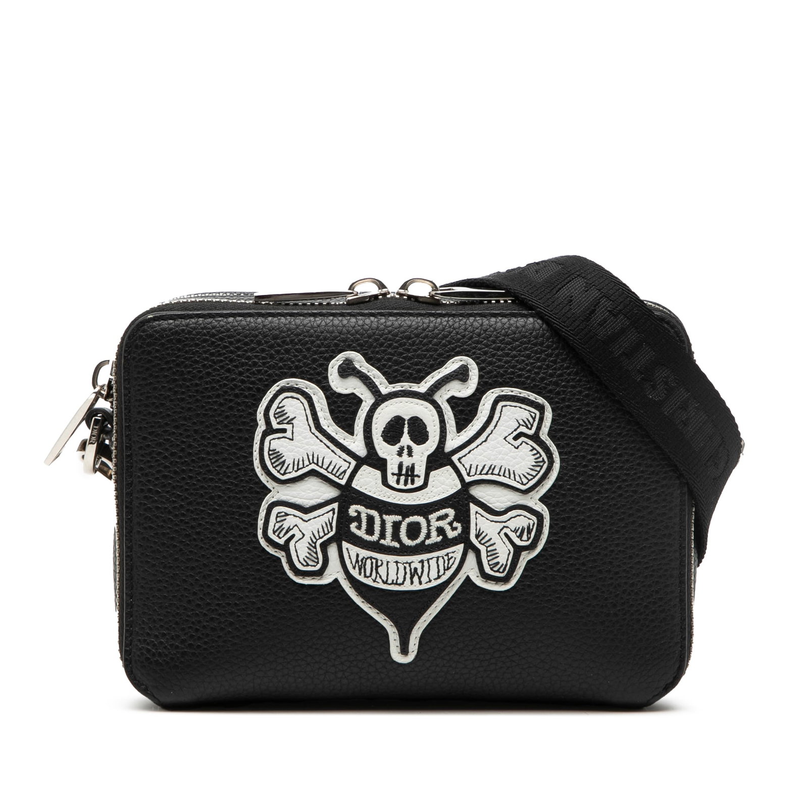 Dior Shawn Stussy leather crossbody pouch double zip strap: Dior Shawn Stussy leather crossbody pouch double zip strap This Dior Shawn Stussy Grained Calfskin Double Zip Pouch with Strap is a versatile crossbody bag crafted from black leather. It features an a