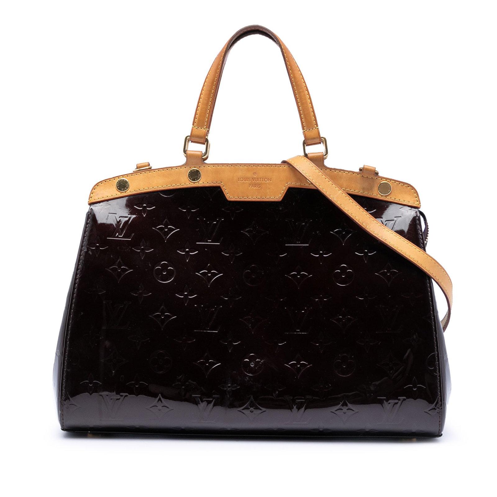 Louis Vuitton Brea PM Monogram Vernis Purple Leather Tote: Louis Vuitton Brea PM Monogram Vernis Purple Leather Tote This Louis Vuitton Monogram Vernis Brea PM bag features a glossy vernis leather body in purple, complemented by flat vachetta leather handles 