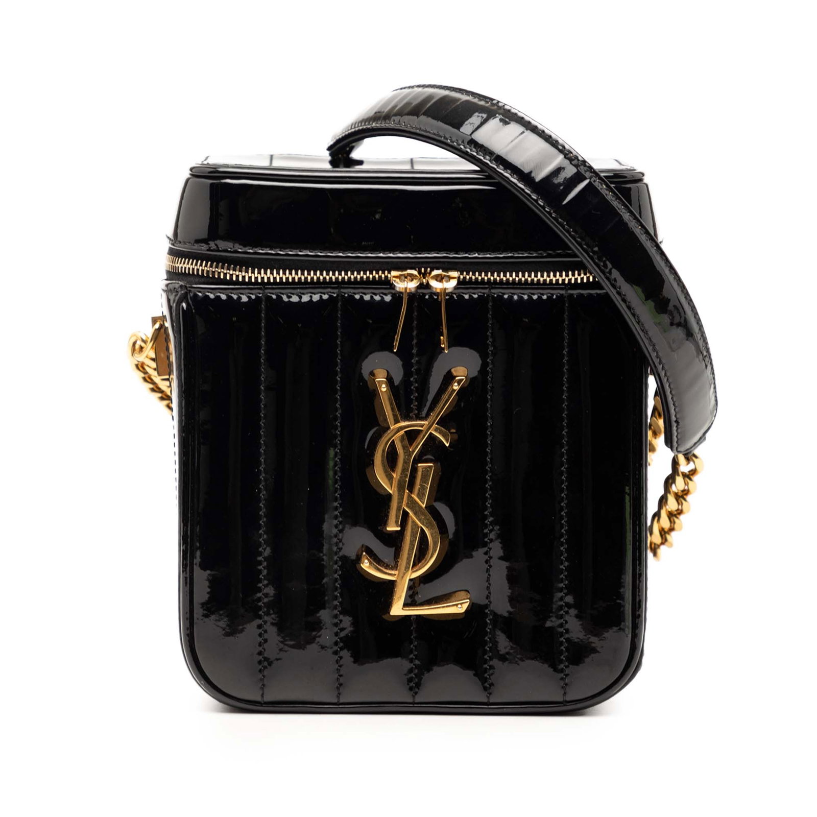 Saint Laurent Vicky Matelasse Patent Leather Vanity Bag: Saint Laurent Vicky Matelasse Patent Leather Vanity Bag This Saint Laurent Matelasse Patent Monogram Vicky Vanity Bag showcases a quilted patent leather exterior in black, complemented by a gold-tone 