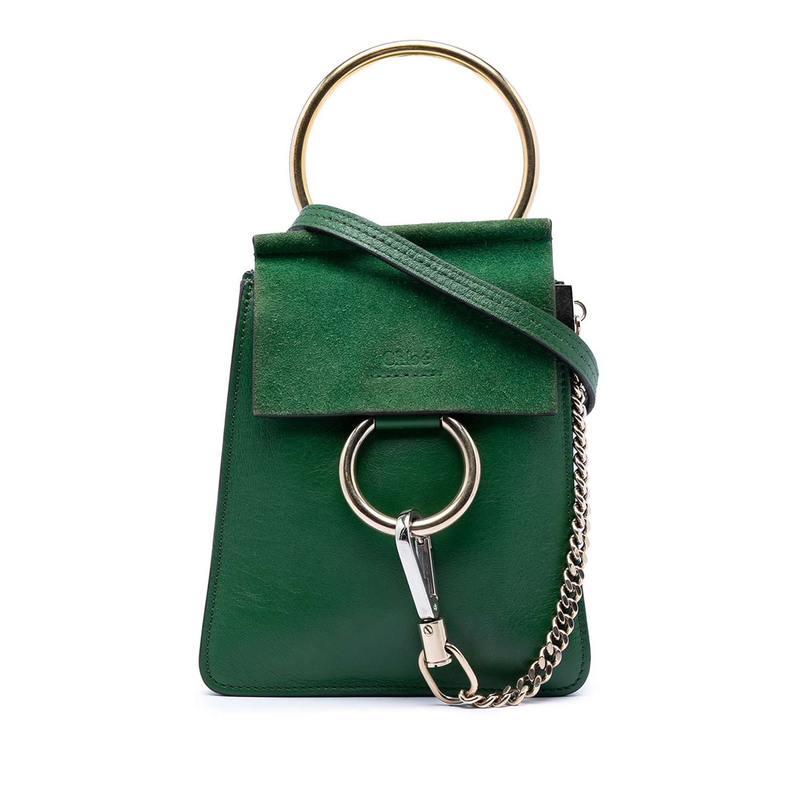 Chloe Faye Bracelet Mini Green Leather Bag: Chloe Faye Bracelet Mini Green Leather Bag This Chloe Mini Calfskin and Suede Faye Bracelet Bag features a green leather body complemented by a front suede flap with a magnetic snap button closure. It