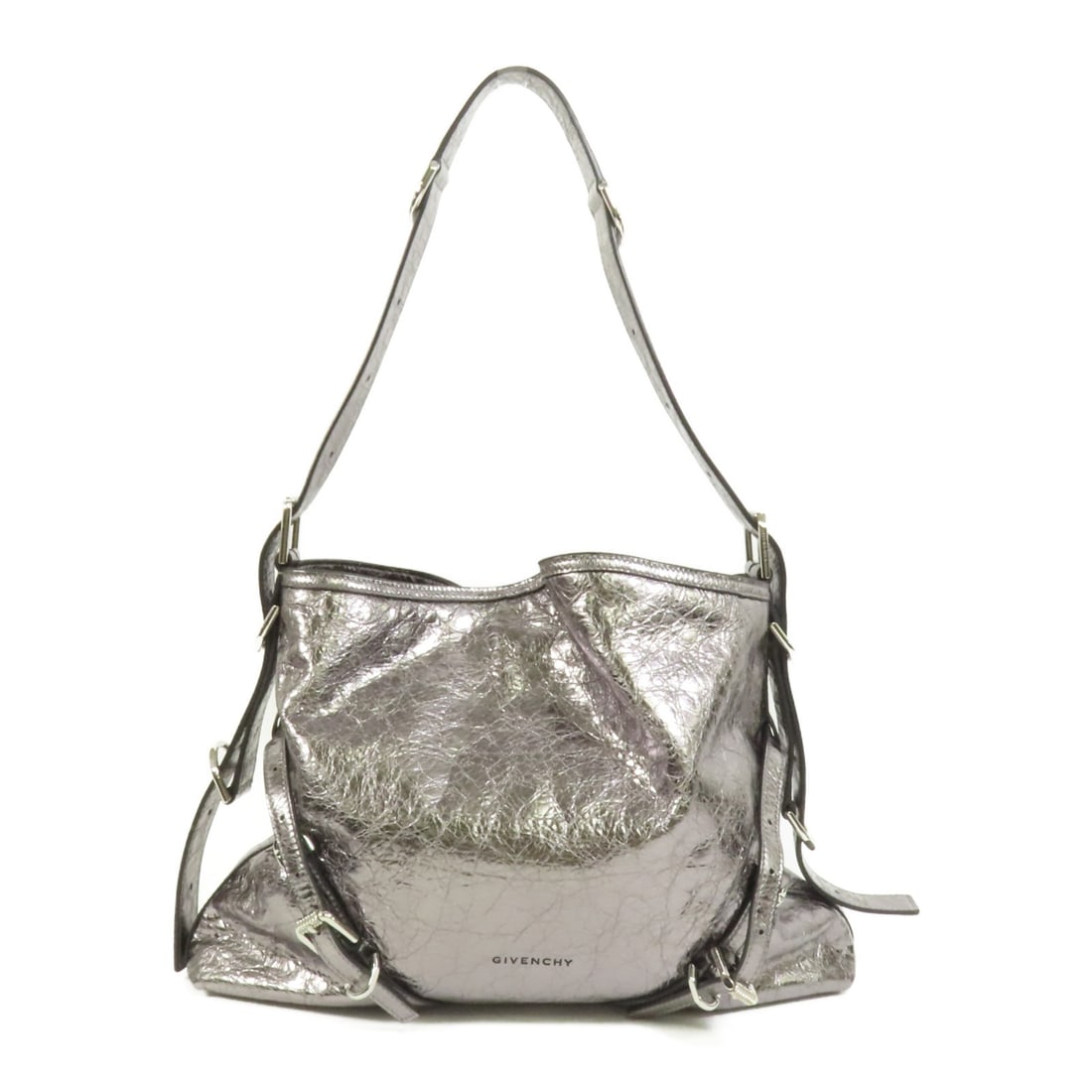 GIVENCHY Voyou MM Silver Calfskin Shoulder Bag: GIVENCHY Voyou MM Silver Calfskin Shoulder Bag This GIVENCHY Voyou MM shoulder bag is crafted from calfskin leather in a striking silver color, offering a modern and sophisticated accessory for women.