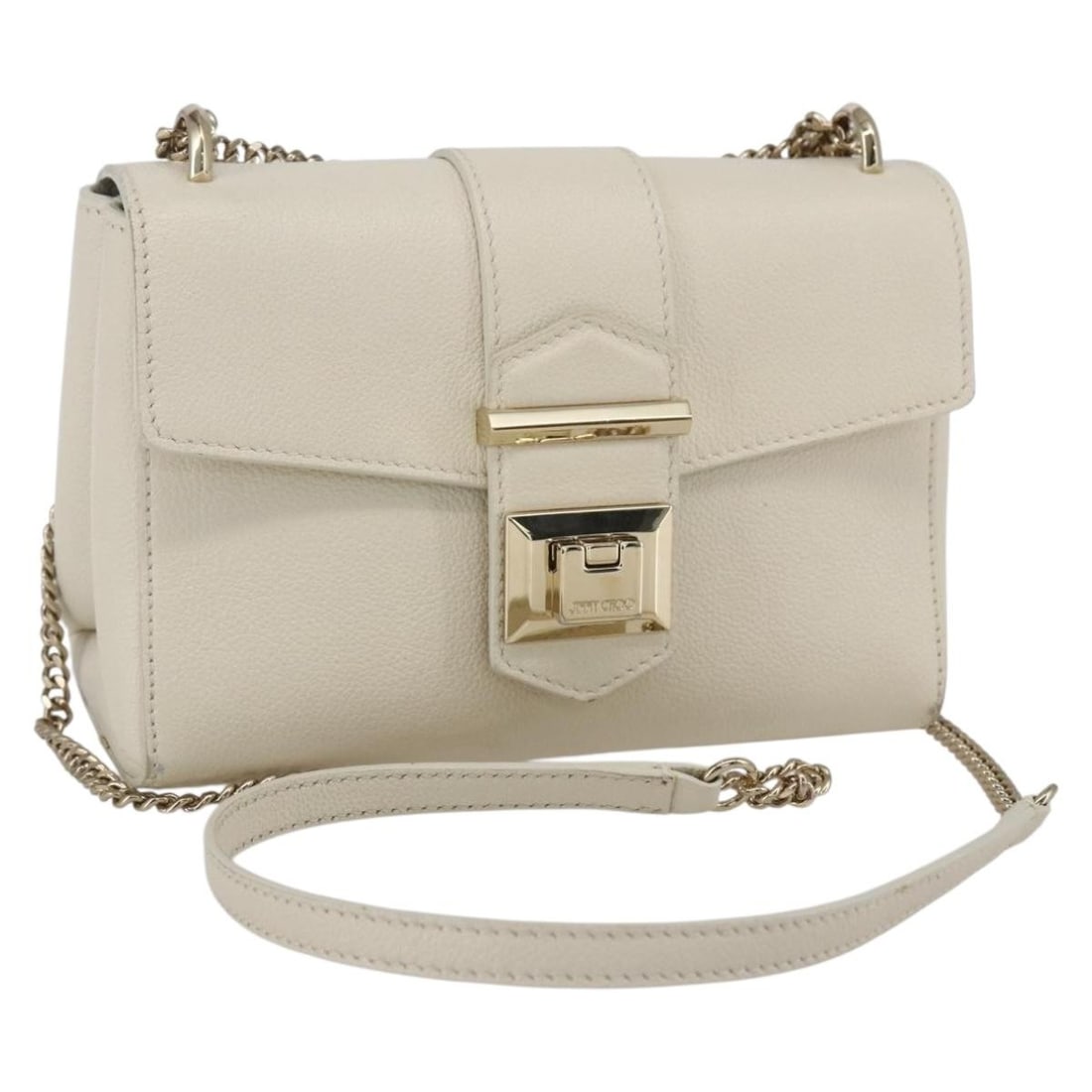 Jimmy Choo white gold leather shoulder bag Italy: Jimmy Choo white gold leather shoulder bag Italy This Jimmy Choo chain shoulder bag is crafted from white and gold leather, offering a sophisticated and stylish accessory. Made in Italy, the bag featu