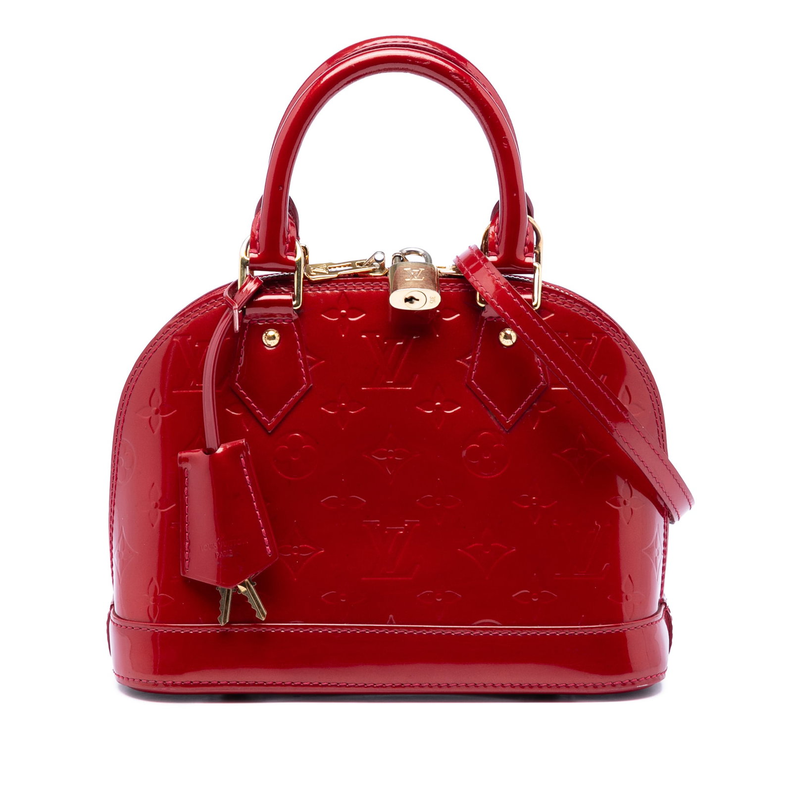 Louis Vuitton Alma BB Red Vernis Leather Bag: Louis Vuitton Alma BB Red Vernis Leather Bag This Louis Vuitton Monogram Vernis Alma BB features a glossy monogram vernis leather exterior in red, rolled leather handles, a detachable leather strap fo