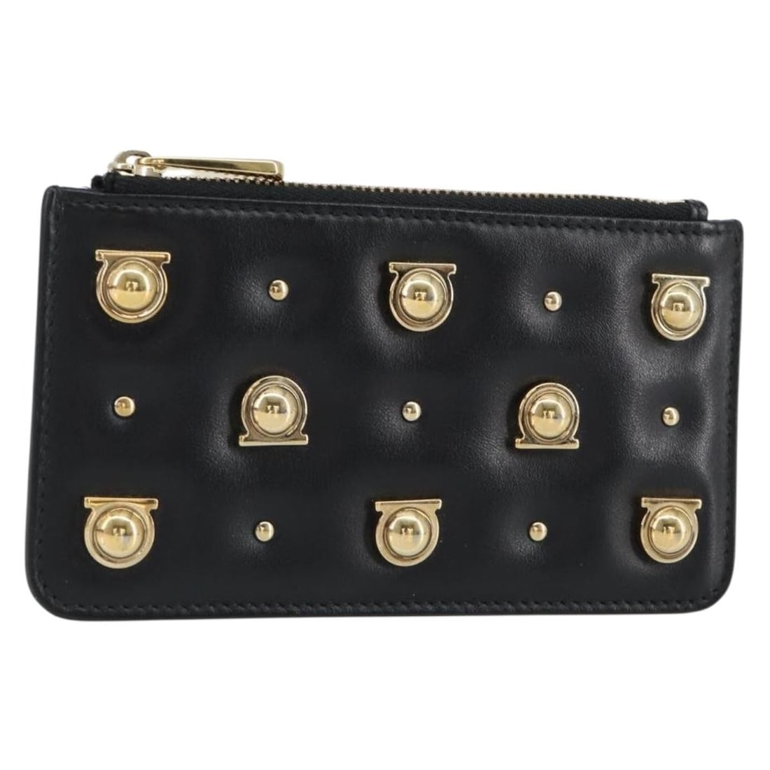 Salvatore Ferragamo Gancini Coin Purse Leather Black Gold Authentic Italy: Salvatore Ferragamo Gancini Coin Purse Leather Black Gold Authentic Italy This stylish Salvatore Ferragamo Gancini Coin Purse is crafted from high-quality leather, featuring a sleek black and gold col