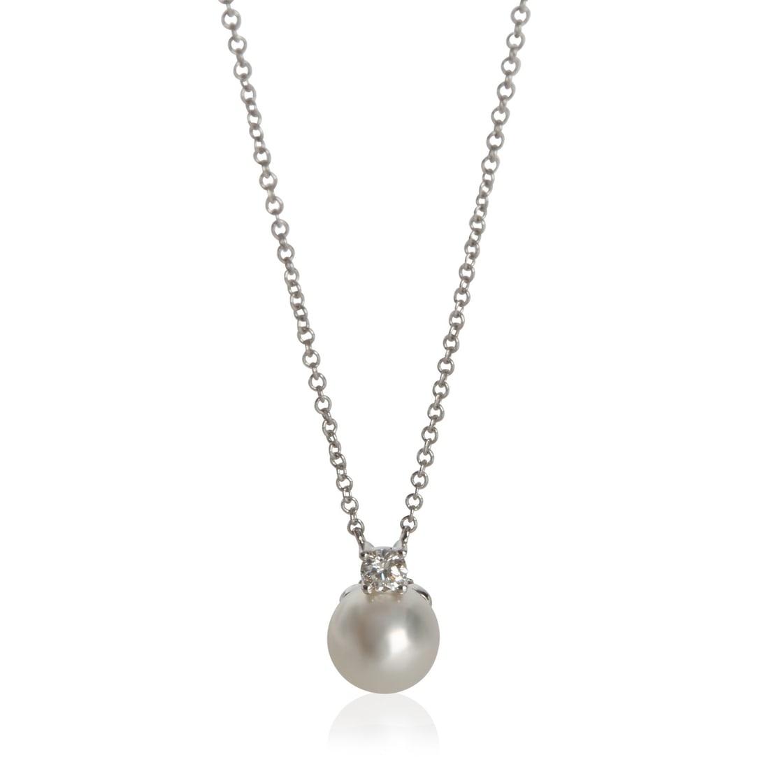 Tiffany & Co. Signature Pearl Diamond Pendant 18k White Gold: Tiffany & Co. Signature Pearl Diamond Pendant 18k White Gold This Tiffany & Co. Signature pendant features a lustrous pearl accented by round brilliant diamonds set in 18k white gold. The pendant come