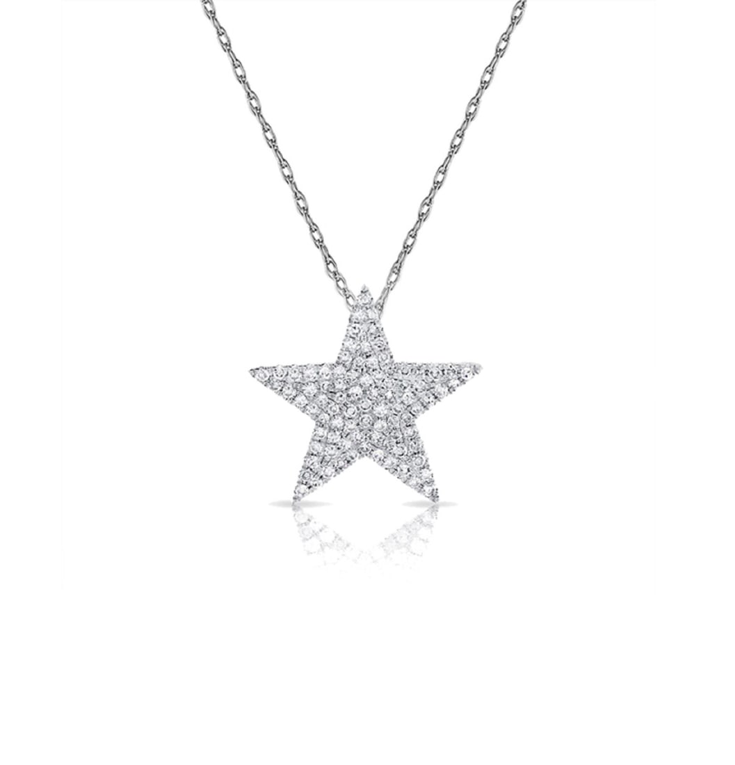 Star Motif Diamond Necklace Crafted in 14K White Gold: Star Motif Diamond Necklace Crafted in 14K White Gold This pre-owned women's necklace features a round pendant adorned with 86 white diamonds, totaling 0.31 carats, set in 14K white gold. The piece be