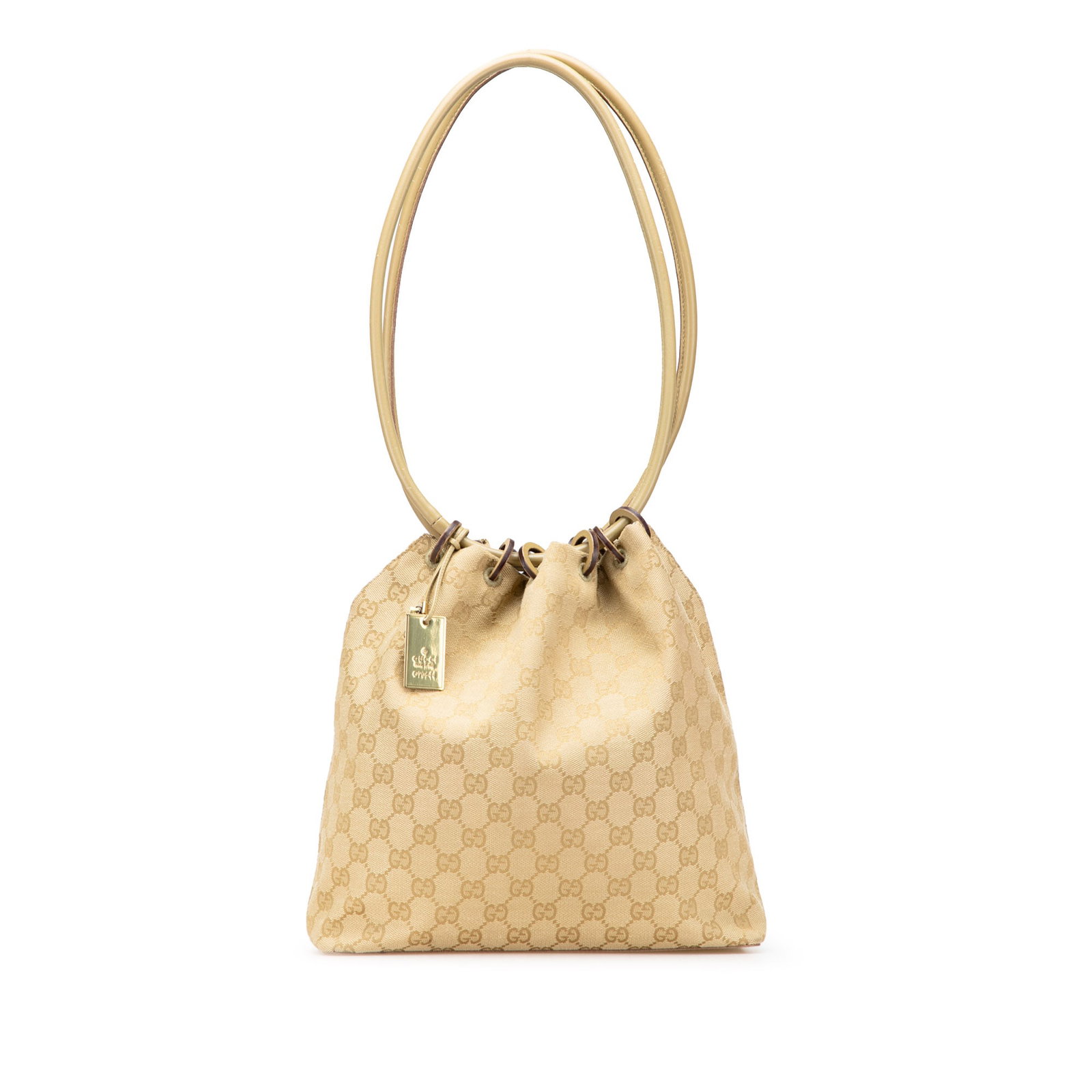 Gucci canvas shoulder bag with rolled leather straps and zip pouch: Gucci canvas shoulder bag with rolled leather straps and zip pouch This Gucci GG Canvas Shoulder Bag features a beige fabric body with the brand's signature logo pattern, complemented by rolled leathe