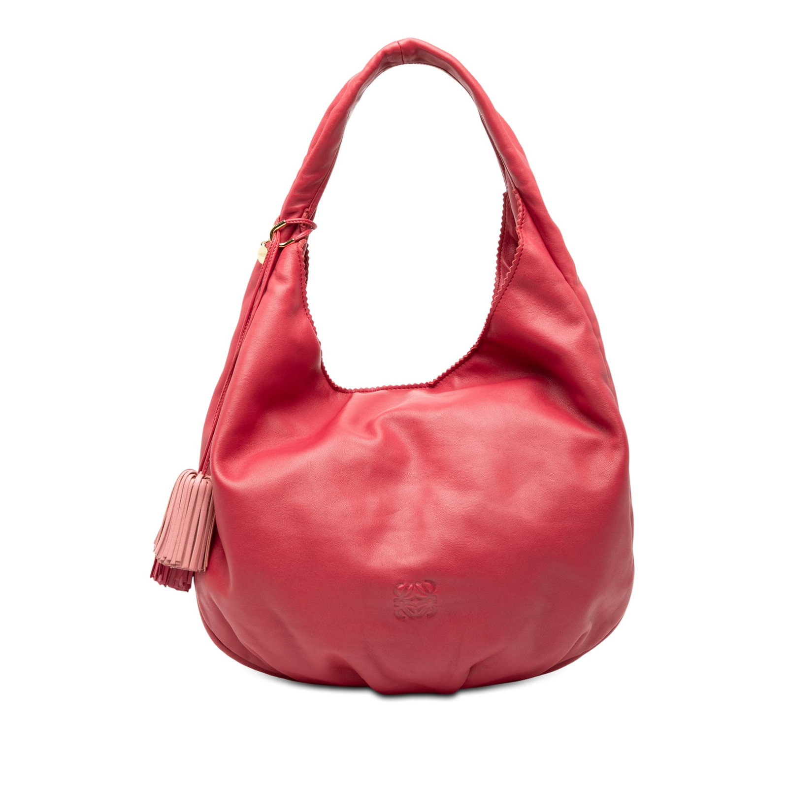 Pink Nappa Leather Hobo Bag with Tassel and Anagram by Loewe: Pink Nappa Leather Hobo Bag with Tassel and Anagram by Loewe This hobo bag features a soft nappa leather body in pink, a flat strap, an open top with a magnetic snap closure, and an interior zip pocke
