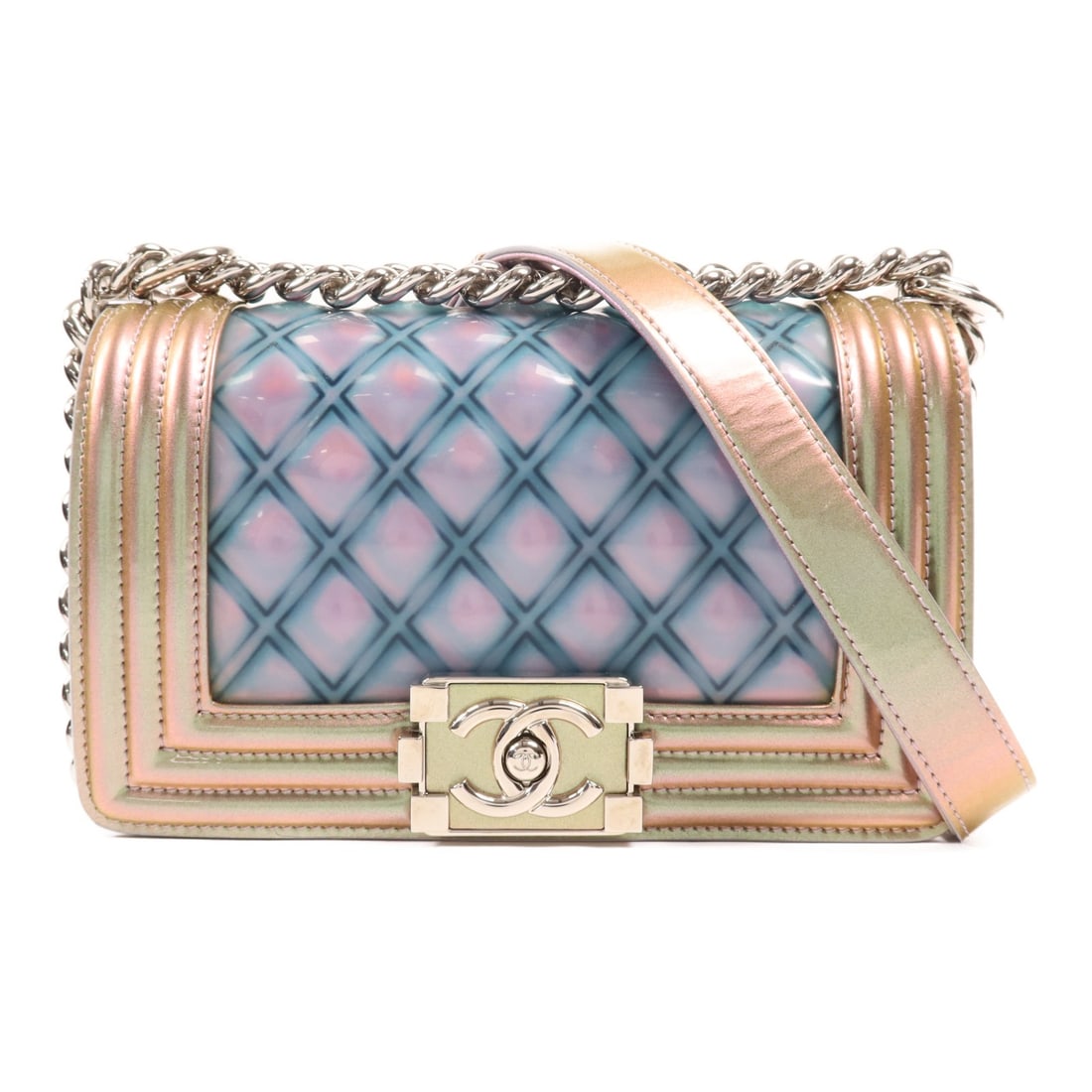 CHANEL Boy 20 blue patent leather shoulder bag: CHANEL Boy 20 blue patent leather shoulder bag This CHANEL Boy 20 shoulder bag features a striking combination of blue, pink, and green patent leather. Designed for women, it showcases the iconic CC l