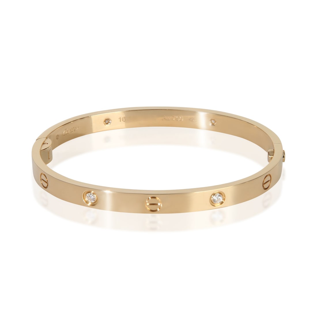 Tiffany & Co. Love Bracelet 18k Yellow Gold Diamond Medium Model: Tiffany & Co. Love Bracelet 18k Yellow Gold Diamond Medium Model This pre-owned Tiffany & Co. Medium Model Love Bracelet is crafted from 18k yellow gold and features round brilliant white diamonds wit