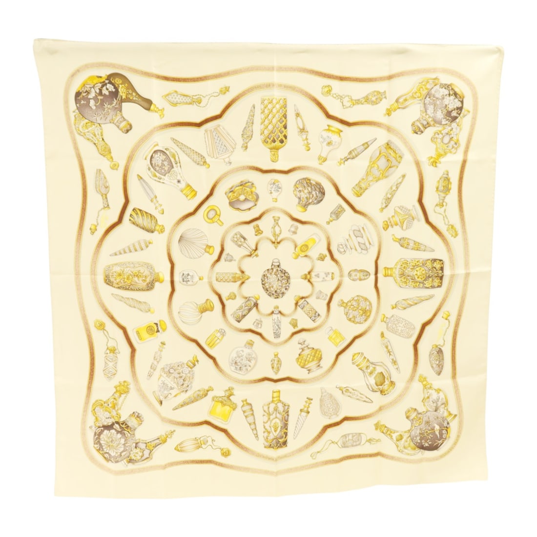 Hermes Silk 90x90 Beige Gold Brown Multicolor Scarf: Hermes Silk 90x90 Beige Gold Brown Multicolor Scarf This Hermes scarf is crafted from luxurious silk and features a striking multicolor design in beige, gold, brown, and additional hues. Designed for 