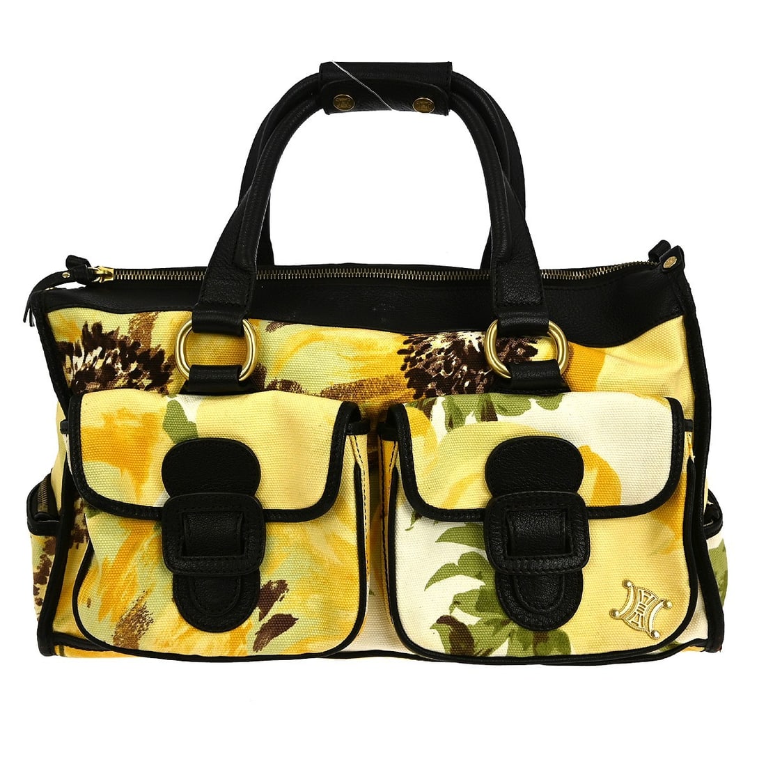 Celine Top Handle Yellow Canvas Leather Bag CE00 34: Celine Top Handle Yellow Canvas Leather Bag CE00 34 This Celine handbag features a vibrant yellow canvas exterior with brown leather double handles, making it a stylish choice for casual occasions. Th