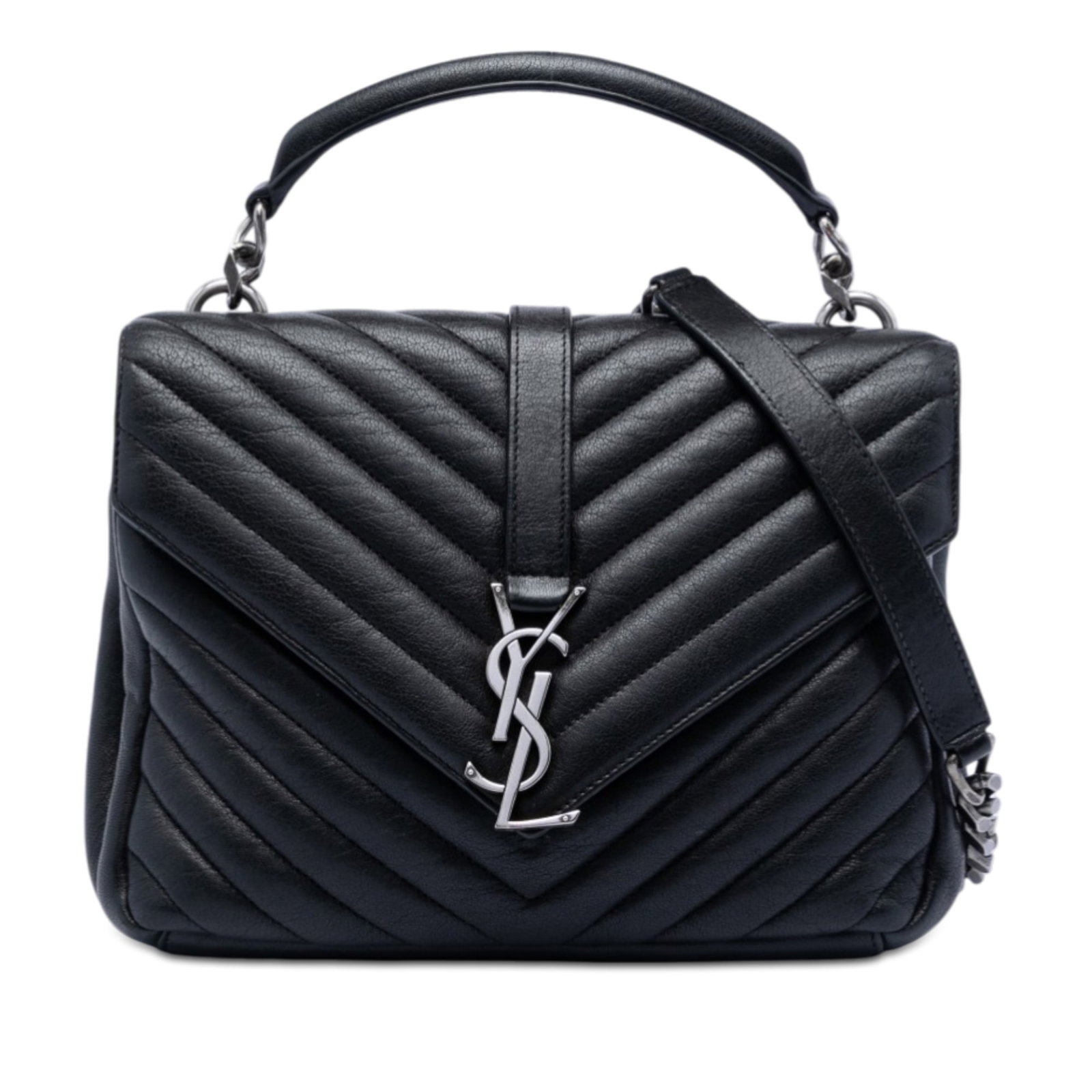 Saint Laurent College satchel black sheepskin chevron monogram medium (1 of 7)
