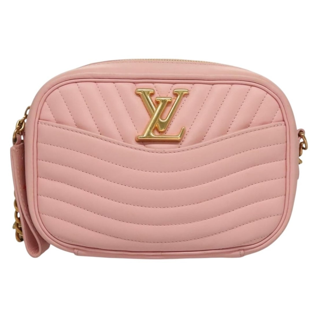 Pink Leather Louis Vuitton New Wave Camera Bag with Quilted Design: Pink Leather Louis Vuitton New Wave Camera Bag with Quilted Design The Louis Vuitton New Wave Camera Bag is crafted from pink quilted leather and designed for women. It features a compact silhouette w