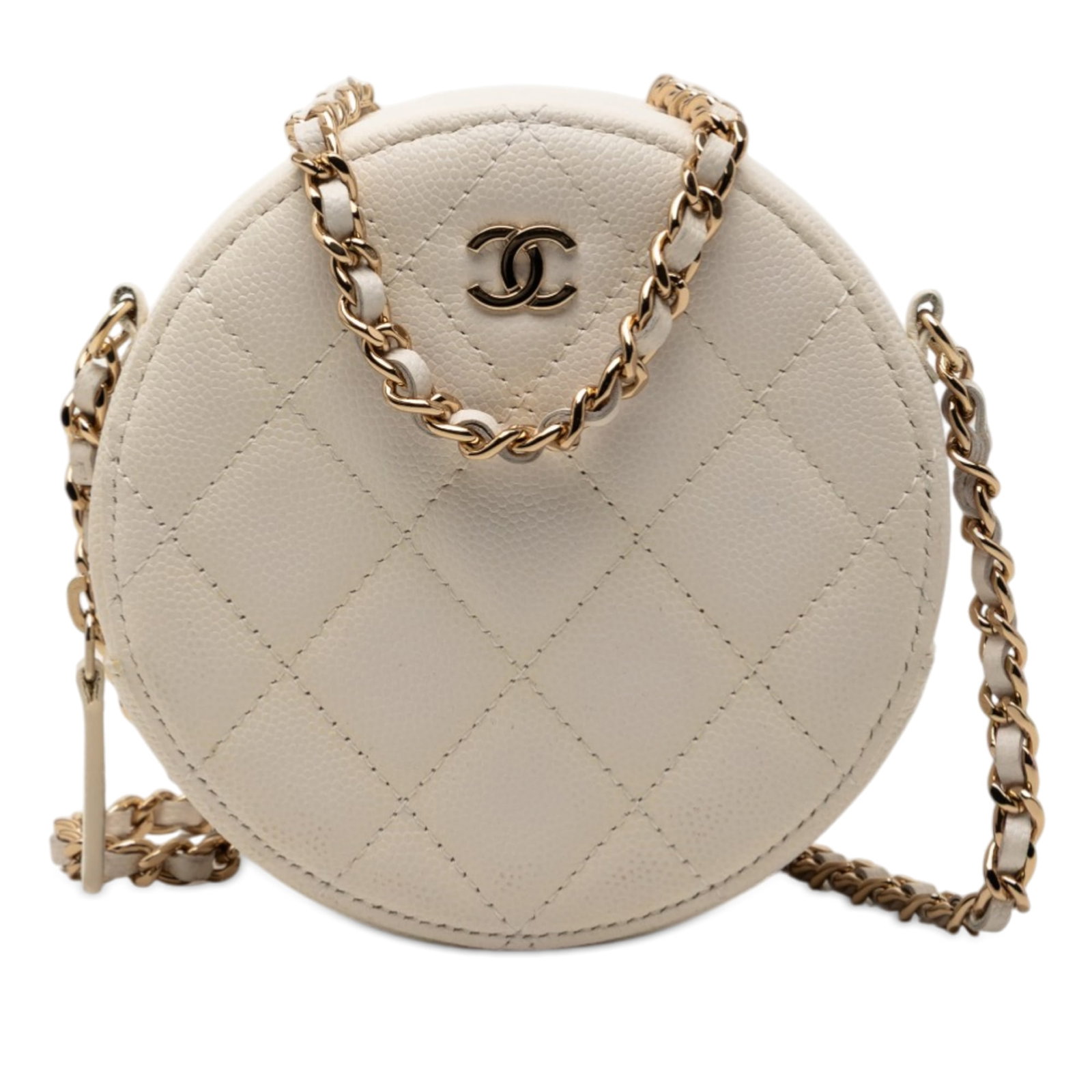 Chanel White Quilted Caviar Crossbody Round Clutch Chain: Chanel White Quilted Caviar Crossbody Round Clutch Chain This Chanel CC Quilted Caviar Round Clutch With Chain is crafted from quilted caviar leather in white and features a distinctive round silhouet