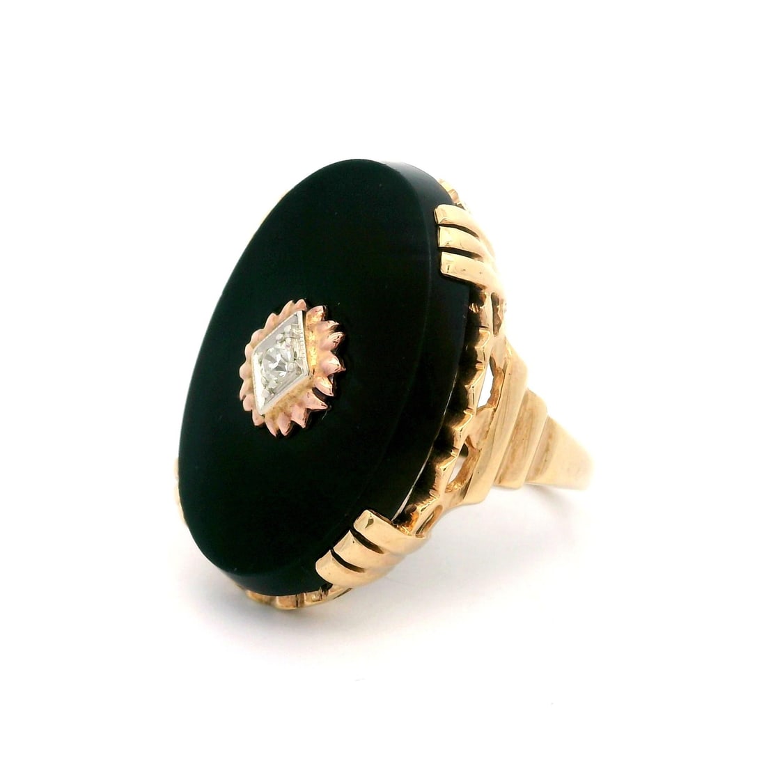 Antique Art Deco 10K Yellow Gold Black Onyx Diamond Ring: Antique Art Deco 10K Yellow Gold Black Onyx Diamond Ring This exquisite antique Art Deco cocktail ring features a stunning oval black onyx centerpiece complemented by a radiant old European cut