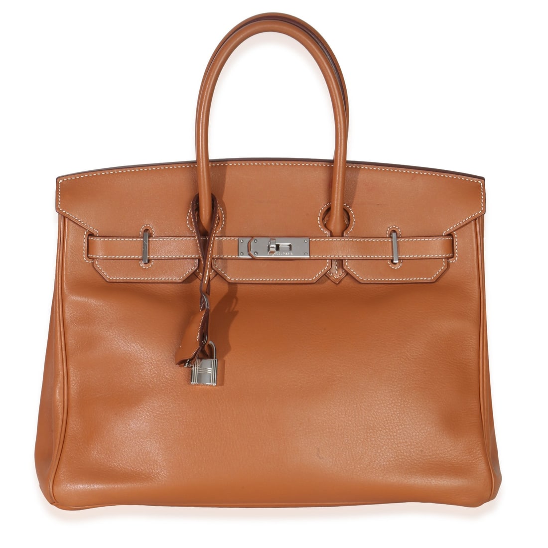 Hermes Birkin 35 brown leather top handle bag silver-tone hardware: Hermes Birkin 35 brown leather top handle bag silver-tone hardware This Hermes Birkin 35 handbag is crafted from gold brown Swift leather and features silver-tone hardware. Designed in France, it offe