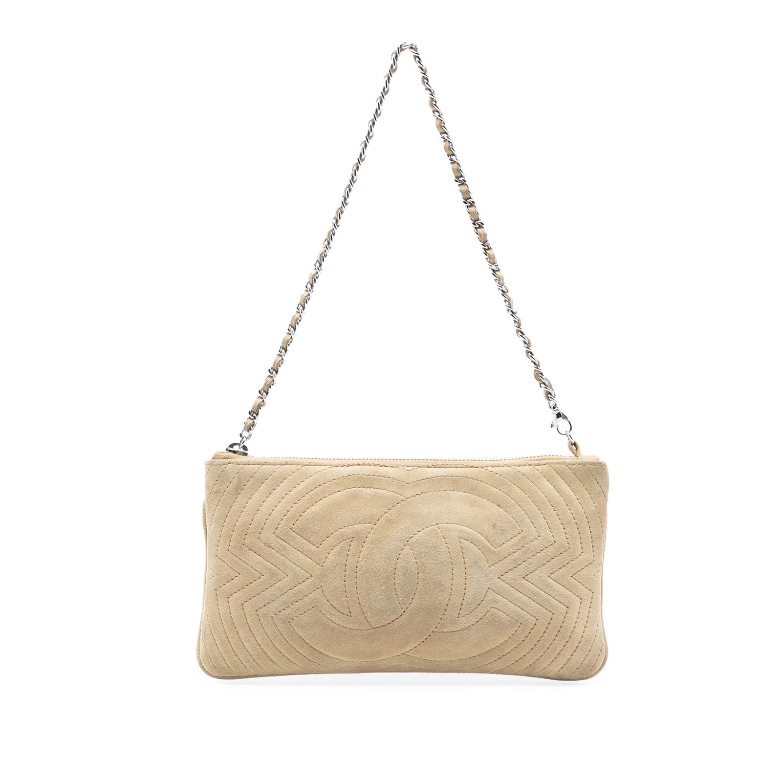 Chanel suede chain strap zip pochette beige: Chanel suede chain strap zip pochette beige This Chanel CC Quilted Suede Pochette is a beige shoulder bag crafted from suede with a leather-woven chain strap and a top zip closure. The bag features qu