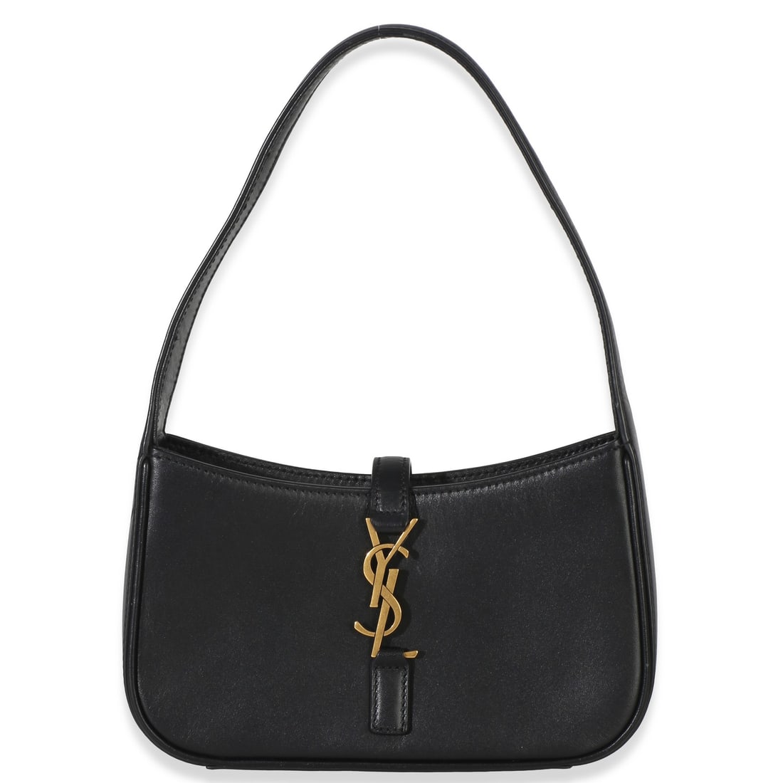 Saint Laurent Le 5 a 7 Mini Black Calfskin Hobo Bag: Saint Laurent Le 5 a 7 Mini Black Calfskin Hobo Bag This Saint Laurent Mini Le 5 A 7 Hobo bag is crafted from black smooth calfskin leather and features a compact silhouette. The bag is designed with 