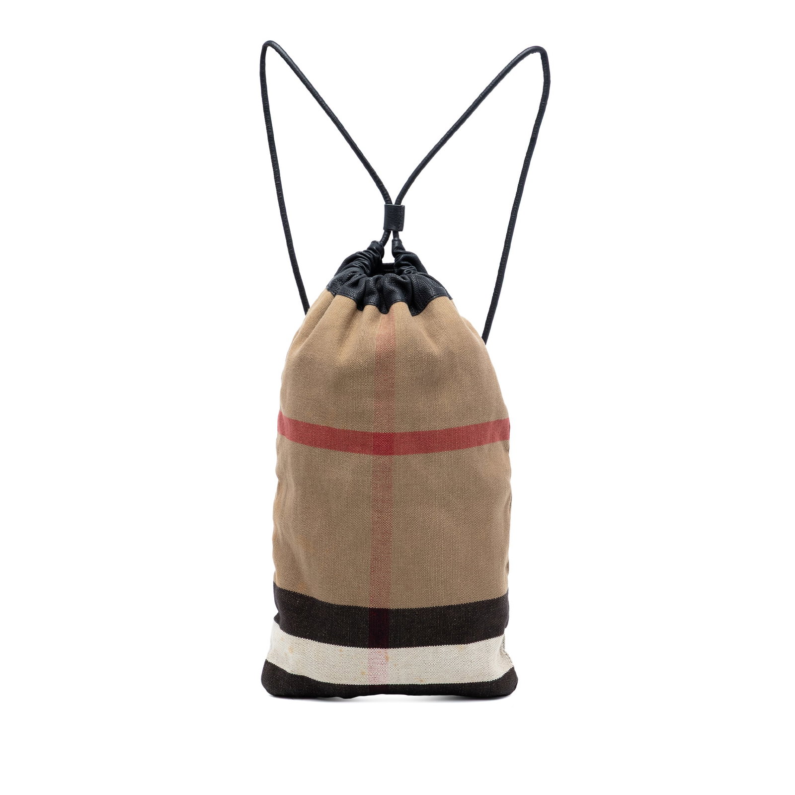 Burberry check canvas drawstring backpack leather trim (1 of 7)