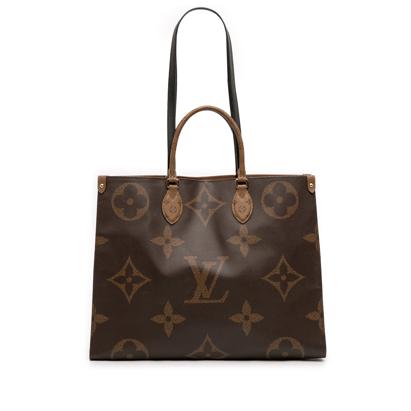 Louis Vuitton OnTheGo GM Reverse Giant Monogram Tote: Louis Vuitton OnTheGo GM Reverse Giant Monogram Tote This Louis Vuitton Monogram Reverse Giant OnTheGo GM features the iconic monogram giant canvas in brown, complemented by rolled handles and flat le