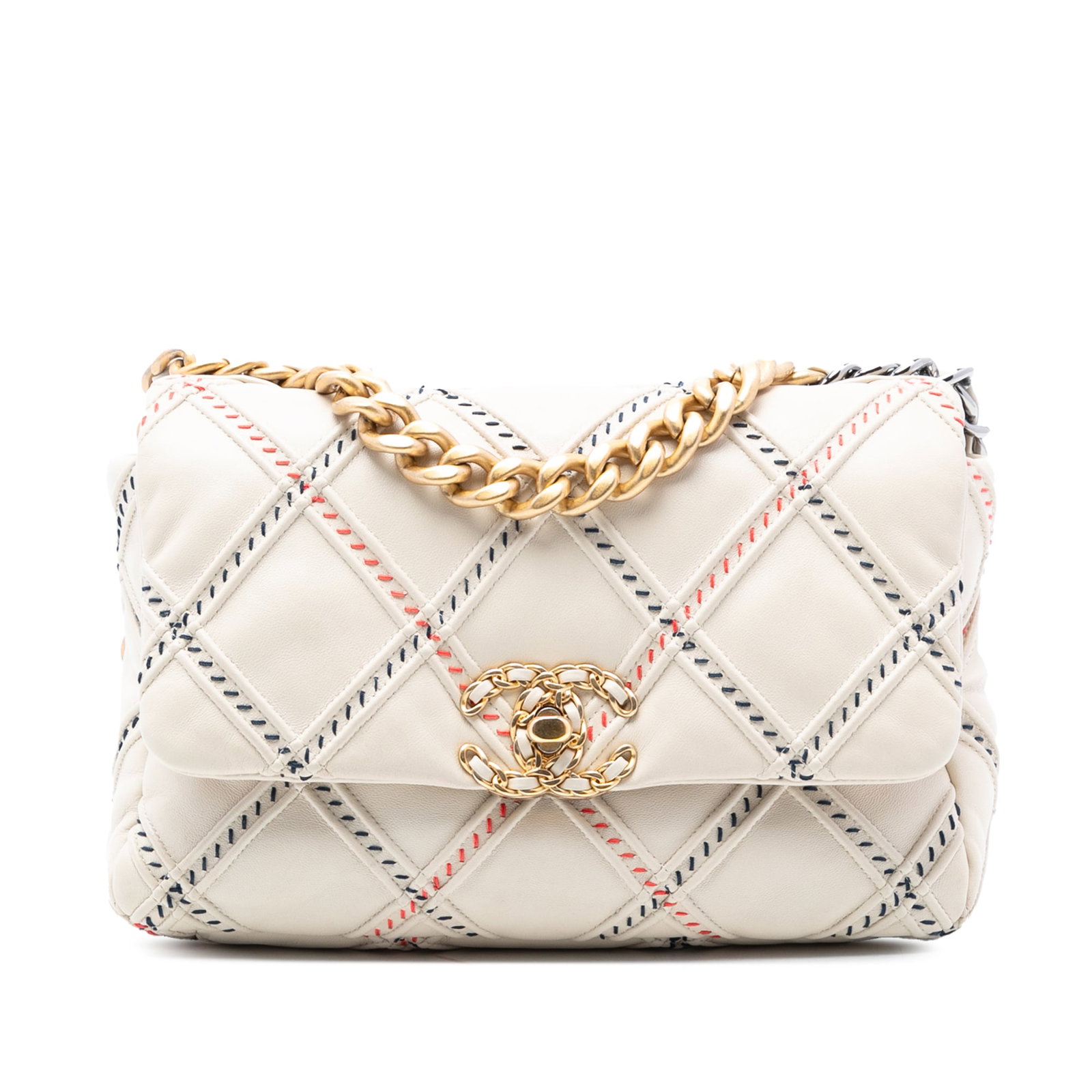 Chanel 19 Flap White Lambskin Leather Medium Shoulder Bag with Chain Handle (1 of 8)