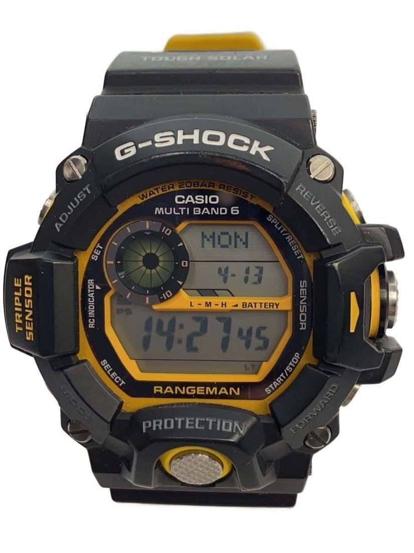Yellow G SHOCK Tough Solar Men's Wristwatch: Yellow G SHOCK Tough Solar Men's Wristwatch This CASIO G-SHOCK MASTER OF G Tough Solar GW-9400YJ men's wristwatch features a durable rubber band and a solar-powered movement. The watch is designed for