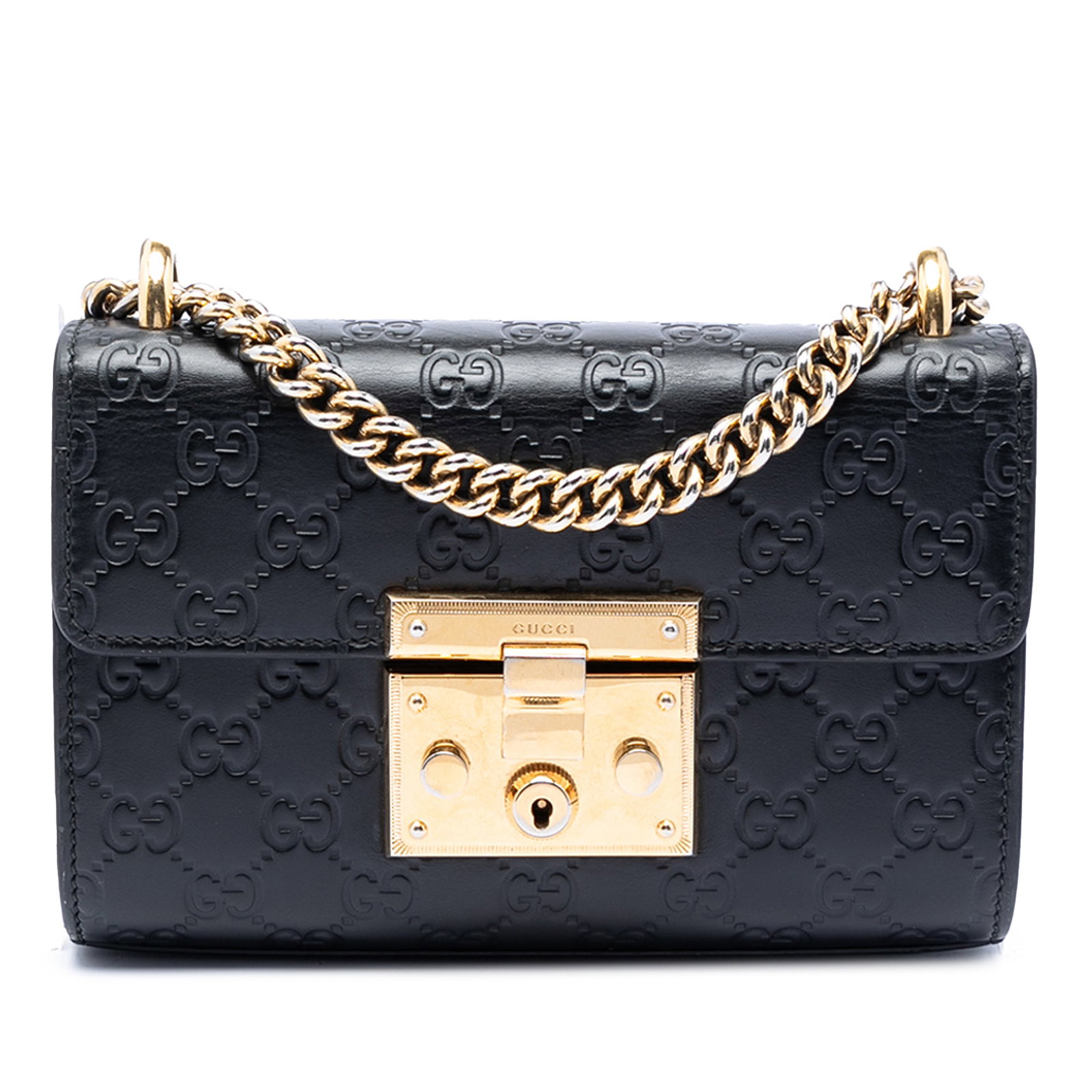 Gucci black embossed leather Padlock crossbody bag: Gucci black embossed leather Padlock crossbody bag This Small Guccissima Padlock Crossbody bag features embossed black leather with a chain link shoulder strap. It is designed with a front flap secure