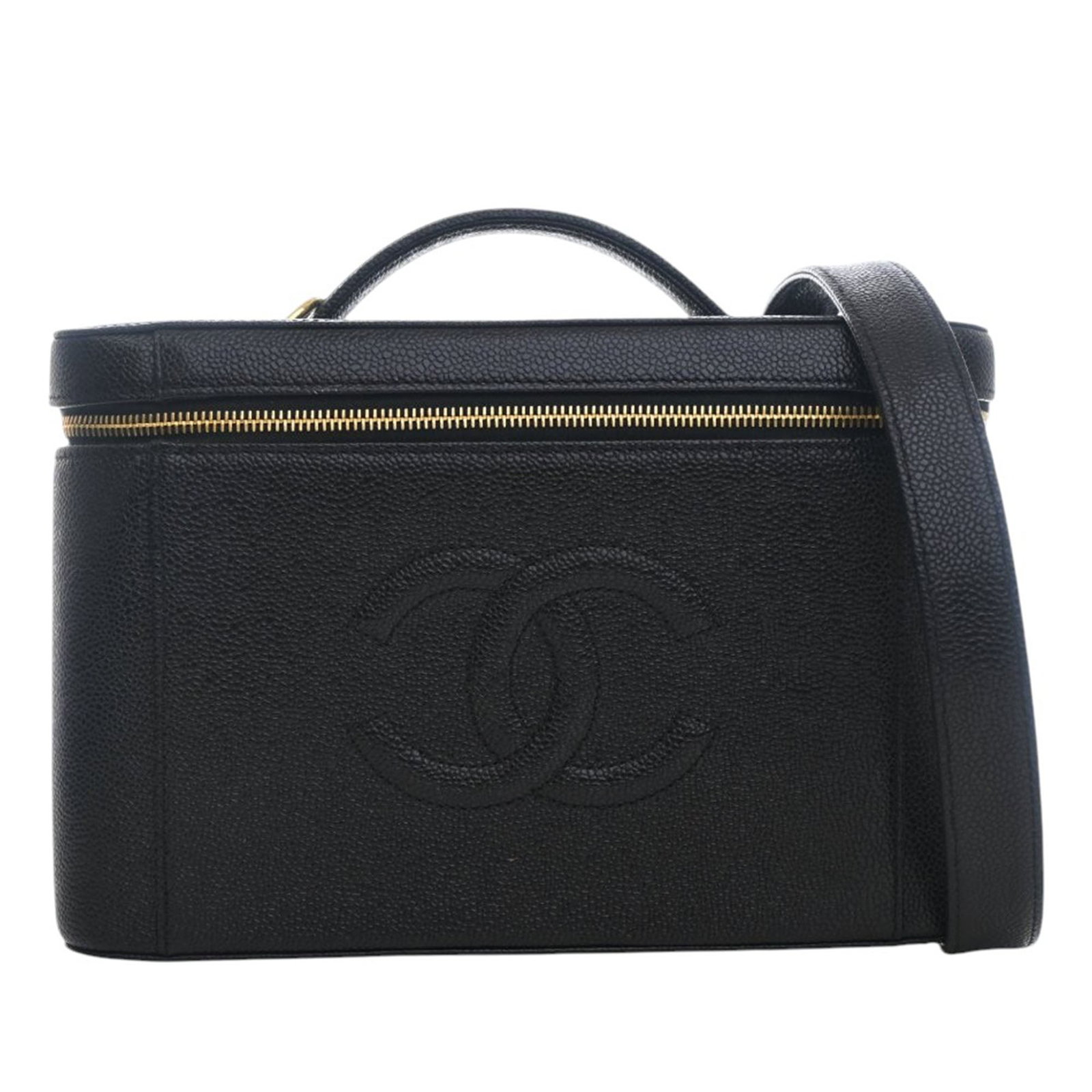 Chanel black caviar leather vanity satchel with strap: Chanel black caviar leather vanity satchel with strap This Chanel CC Caviar Vanity Bag is crafted from black caviar leather and features a structured silhouette with a flat leather top handle and a de