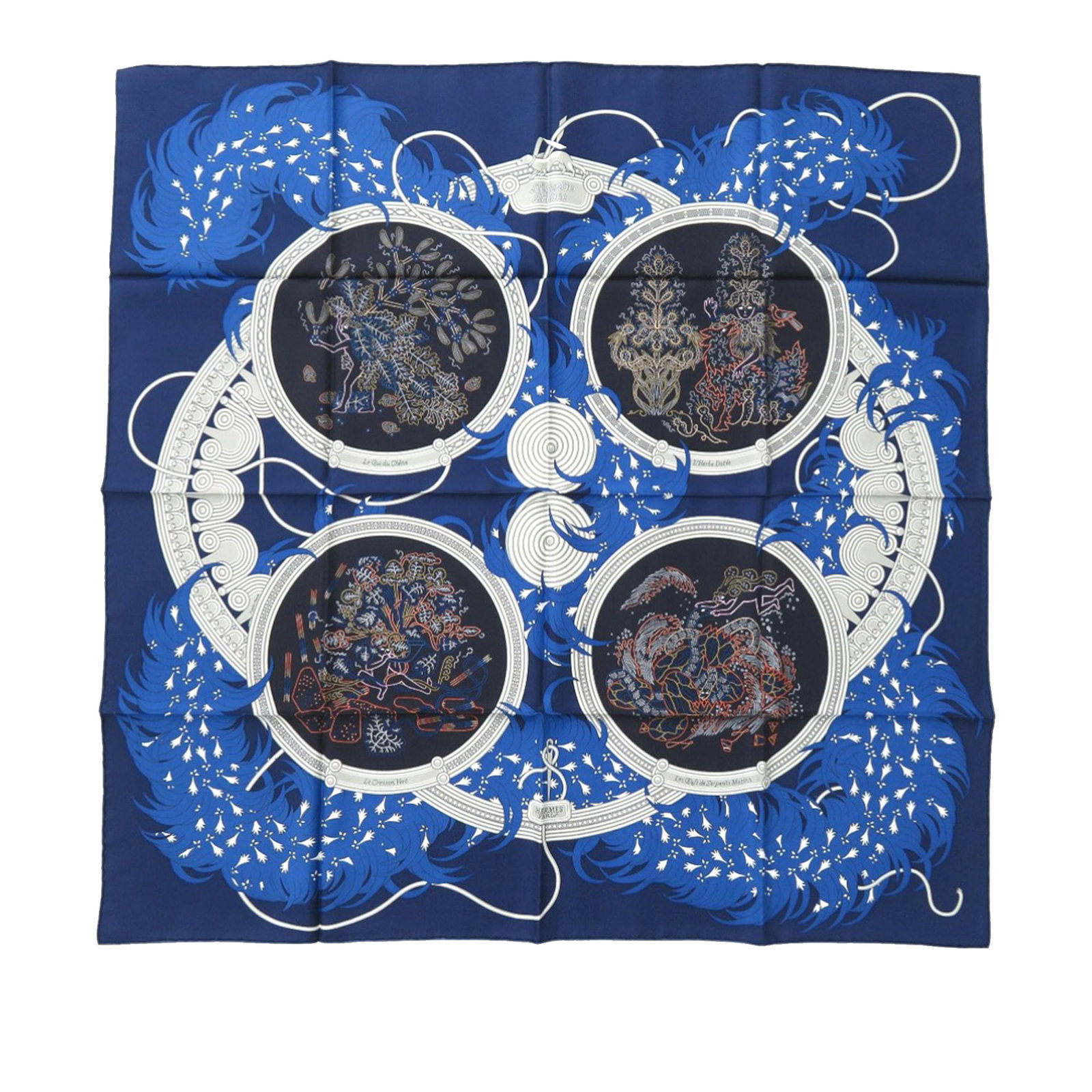 Hermes Legende Brodee 90cm Blue Silk Square Scarf: Hermes Legende Brodee 90cm Blue Silk Square Scarf This Hermes Legende Brodee scarf is crafted from 100% silk and features a distinctive print. Made in France, it is presented in a blue colorway and me