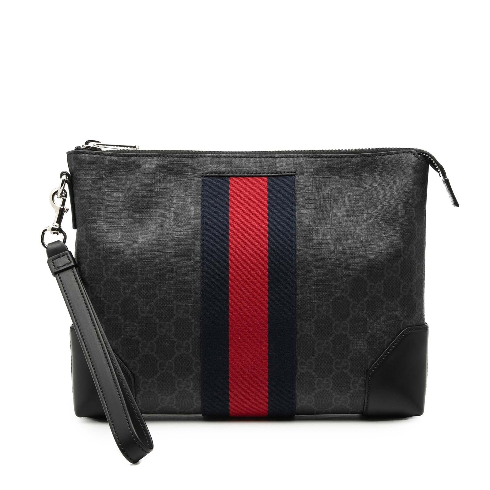 Gucci black canvas wristlet clutch GG Supreme Web: Gucci black canvas wristlet clutch GG Supreme Web This Gucci GG Supreme Web Clutch is crafted from coated canvas with leather trim and signature web detailing. It features a detachable flat leather wr