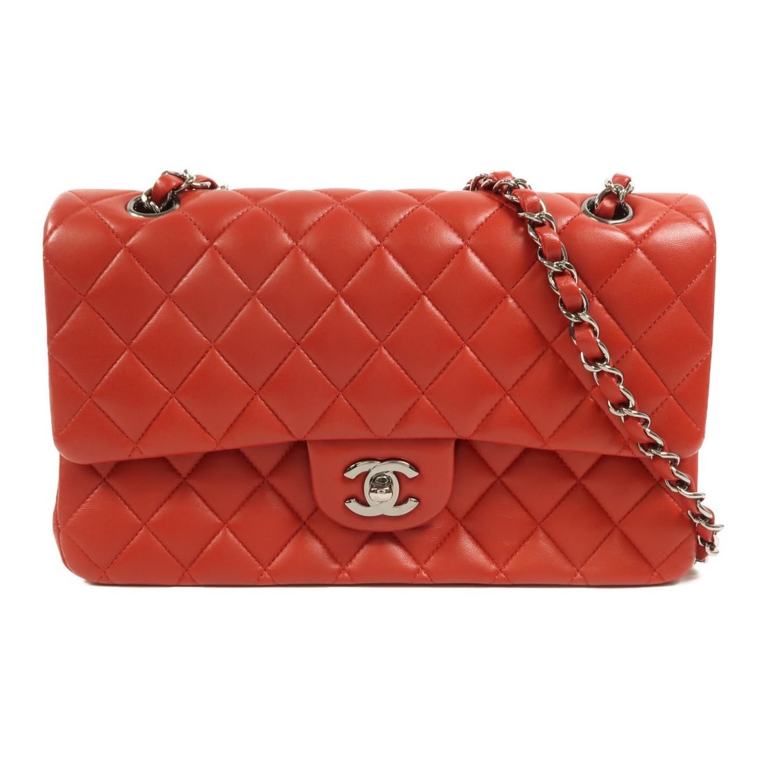CHANEL Classic 25 Red Lambskin Shoulder Bag SHW: CHANEL Classic 25 Red Lambskin Shoulder Bag SHW This CHANEL Classic 25 chain shoulder bag features luxurious lambskin leather in a striking red color. Designed for women, the bag offers a timeless sil