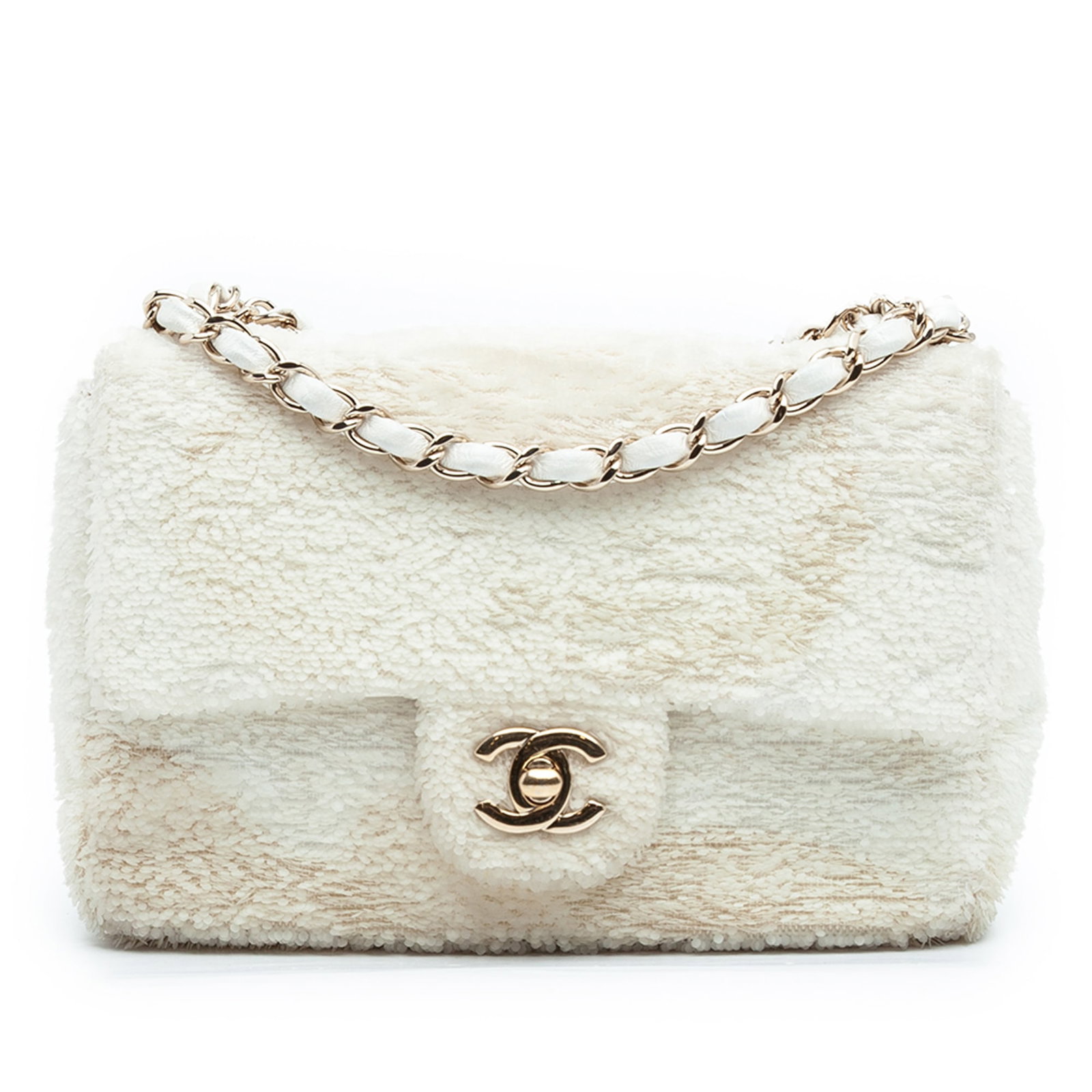 Chanel Brown Sequin Embellished Small Flap Crossbody Bag: Chanel Brown Sequin Embellished Small Flap Crossbody Bag This Chanel Small Sequins Single Flap crossbody bag features a fabric body adorned with sequin embellishments and a leather woven chain strap. 