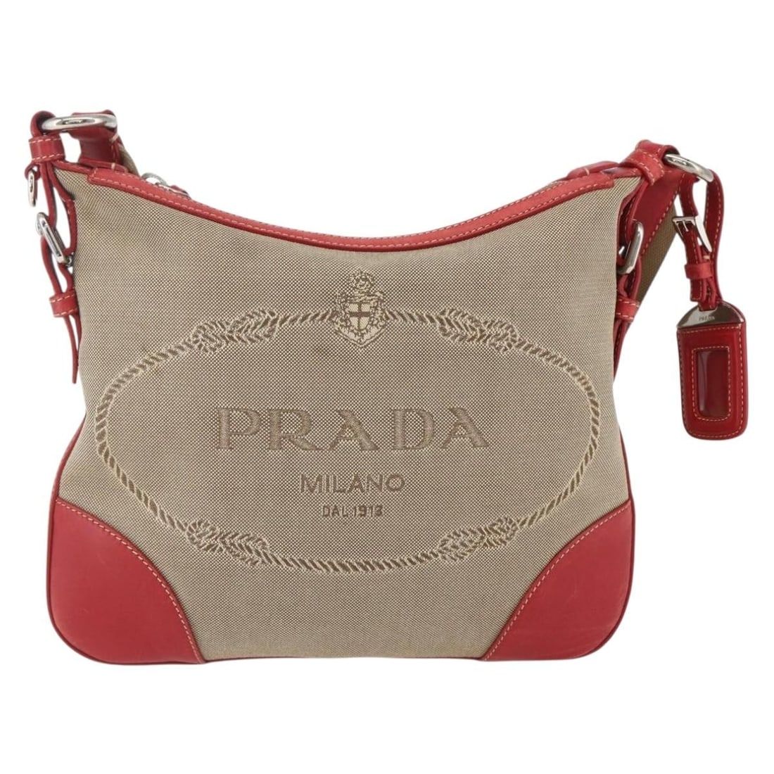 Canvas Crossbody Bag by Prada with Logo Zip Closure Beige: Canvas Crossbody Bag by Prada with Logo Zip Closure Beige This pre-owned Prada Logo Zip Crossbody Bag for women features beige canvas construction with leather and metal fittings. The shoulder strap s