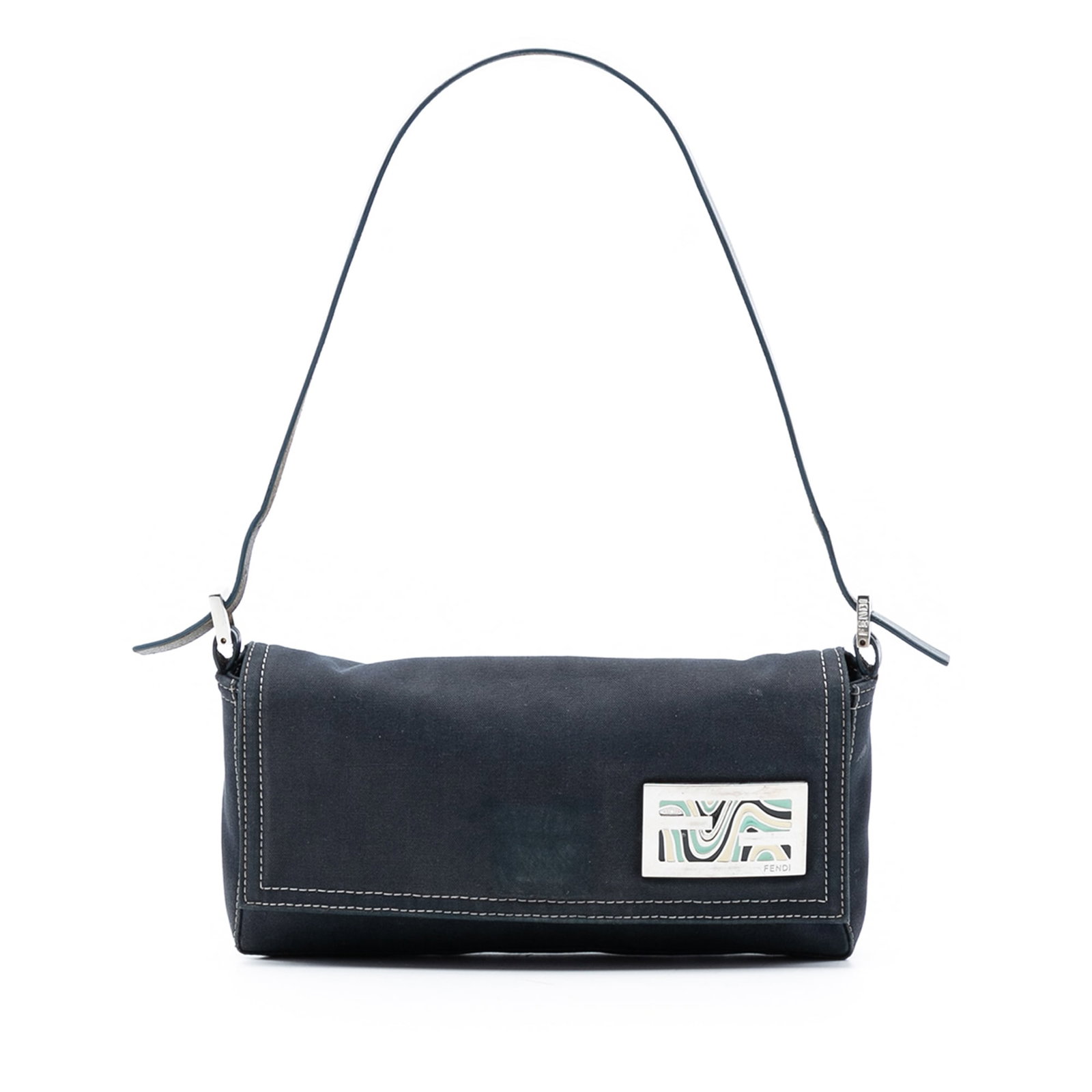 Fendi FF Marble Canvas Baguette Blue Shoulder Bag with Leather Strap: Fendi FF Marble Canvas Baguette Blue Shoulder Bag with Leather Strap This Fendi shoulder bag features a canvas body with the FF Marble design in blue, complemented by a flat leather strap and a front 