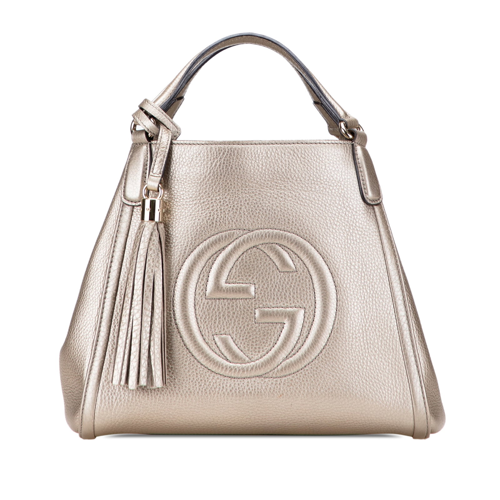 Gucci Soho Leather Satchel Gold Small: Gucci Soho Leather Satchel Gold Small This Gucci Small Leather Soho Satchel features a gold-colored leather body with flat leather handles and an open top secured by a lobster claw closure. The interi