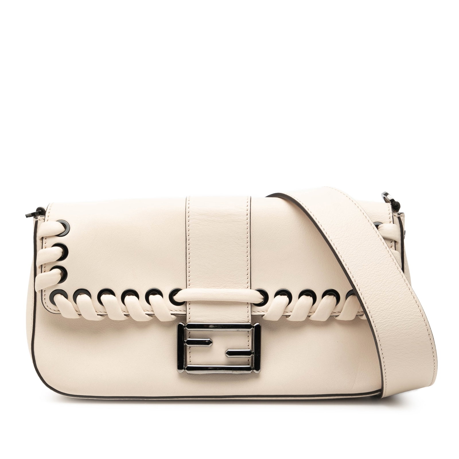 Fendi Baguette White Leather Crossbody Bag with Whipstitch Detailing: Fendi Baguette White Leather Crossbody Bag with Whipstitch Detailing This Fendi Baguette crossbody bag showcases a white leather body with distinctive whipstitch detailing. It features a detachable fl