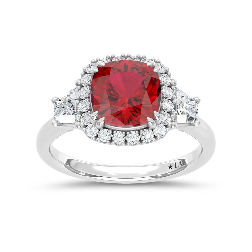14K White Gold Lab Grown Diamond 3 1/2 Ct.Tw. Cushion Shape Recrystalized Ruby Engagement Ring: 14K White Gold Lab Grown Diamond 3 1/2 Ct.Tw. Cushion Shape Recrystalized Ruby Engagement Ring (Center 2 3/4 ct) Exude timeless elegance with this 14K white gold engagement ring, featuring a stunning 