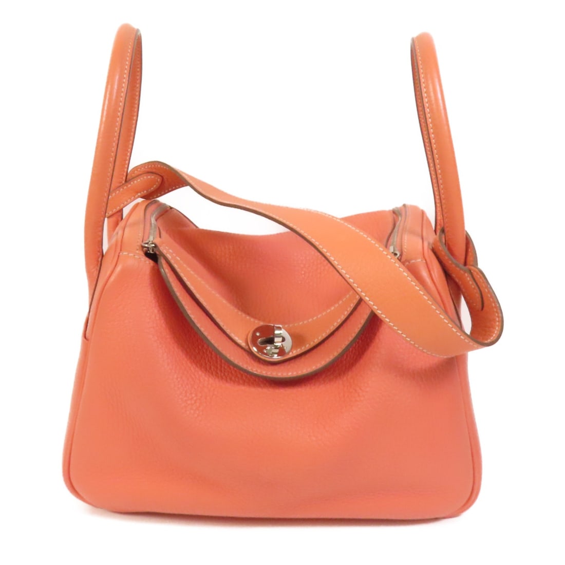 HERMES Lindy 26 2 Way Shoulder Bag Clemence Leather Orange PHW: HERMES Lindy 26 2 Way Shoulder Bag Clemence Leather Orange PHW Discover the elegant HERMES Lindy 26 2 Way Shoulder Bag, expertly crafted from premium Clemence leather in a vibrant Flamingo color. This