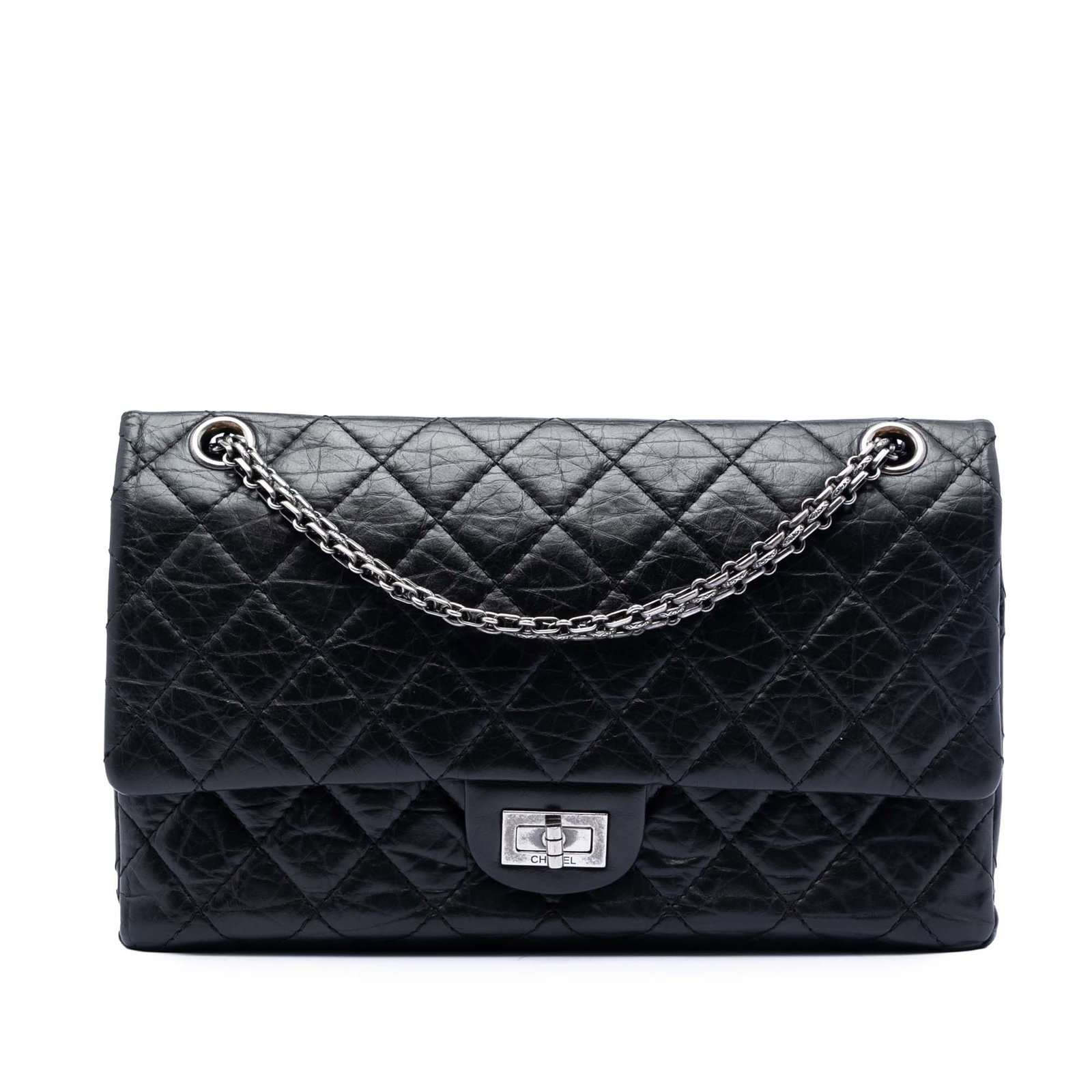 Chanel Reissue 2.55 226 Black Quilted Aged Calfskin Double Flap Bag: Chanel Reissue 2.55 226 Black Quilted Aged Calfskin Double Flap Bag This Chanel Quilted Aged Calfskin Reissue 2.55 Double Flap 226 shoulder bag features aged calfskin leather, chain link shoulder stra