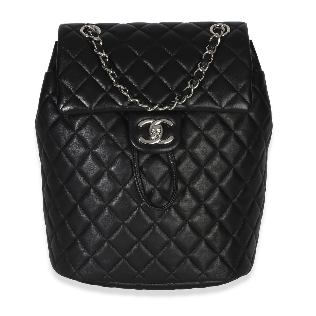 Chanel Urban Spirit black lambskin backpack with turnlock: Chanel Urban Spirit black lambskin backpack with turnlock This Chanel Urban Spirit Backpack features black quilted lambskin leather with a turnlock closure and silver-tone hardware. The compact design