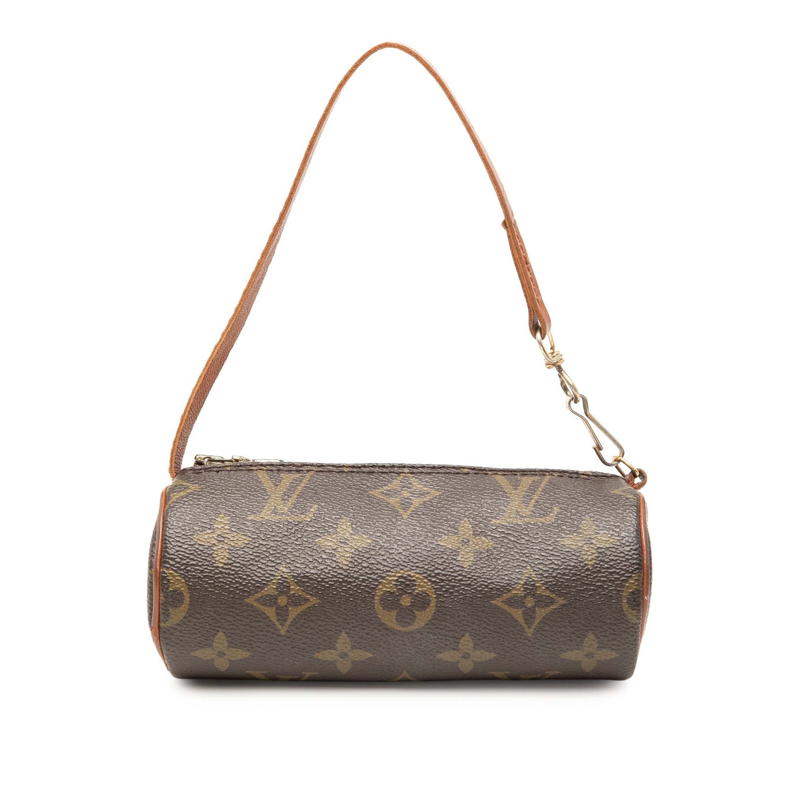 Louis Vuitton Monogram canvas zip pouch with vachetta strap: Louis Vuitton Monogram canvas zip pouch with vachetta strap This Louis Vuitton Monogram Papillon Pochette showcases the brand's signature monogram canvas with vachetta leather trim and a flat vachetta