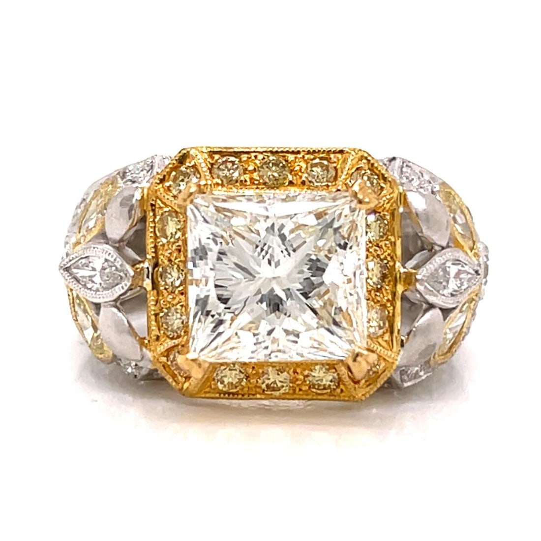 GIA Certified 5.01 Ct Princess Diamond Ring in 18K Gold and Platinum: GIA Certified 5.01 Ct Princess Diamond Ring in 18K Gold and Platinum This ring features a 5.01 carat GIA-certified princess-cut diamond, set in 18K yellow gold and platinum. The center diamond is grad