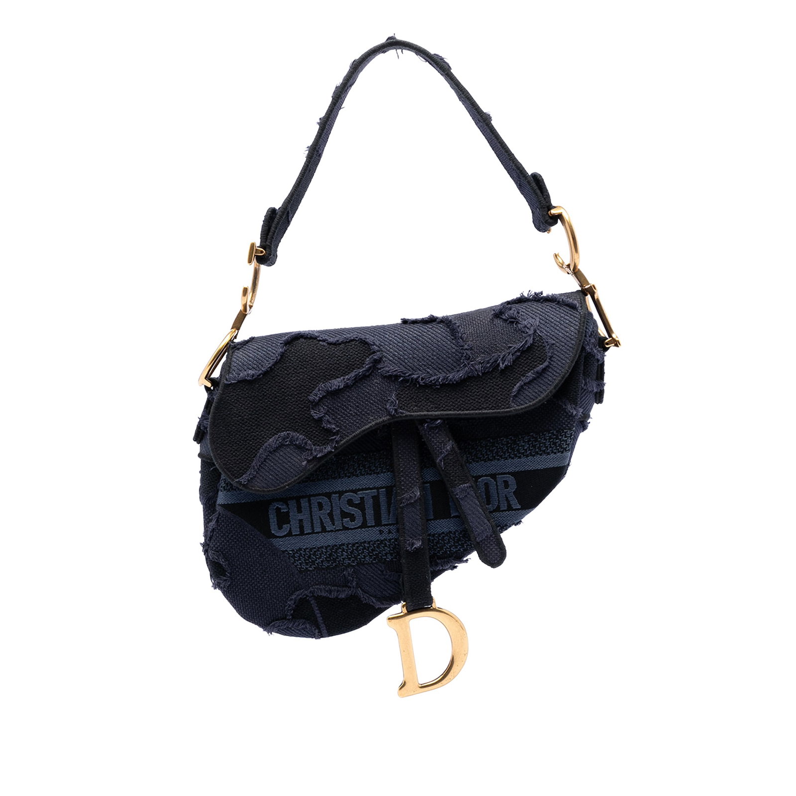 Dior Saddle Bag Blue Camouflage Embroidered Canvas with Detachable Strap: Dior Saddle Bag Blue Camouflage Embroidered Canvas with Detachable Strap This Dior Saddle bag features an embroidered canvas body with a camouflage pattern, a flat strap, a detachable strap, a front f